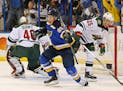 St. Louis Blues right winger Vladimir Tarasenko celebrated after scoring his first goal on his way to a hat trick in Game 2 of the first-round playoff