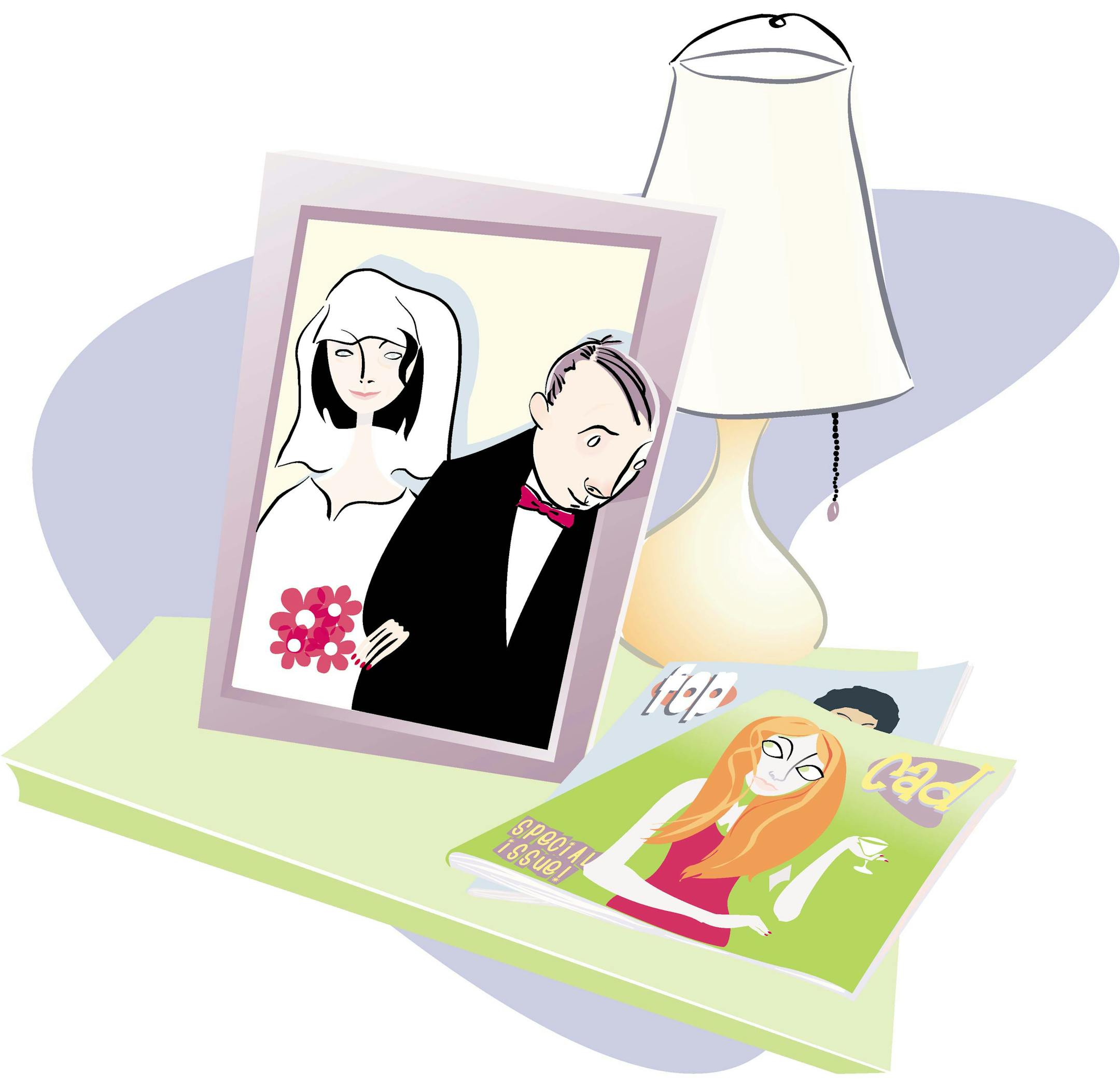 300 dpi 5 col. x 10.5 inches/276x267 mm/940x907 pixels Hector Casanova color illustration of a wedding photo on table with groom peering out of the frame at a model on the cover of "Cad" magazine. The Kansas City Star 2001