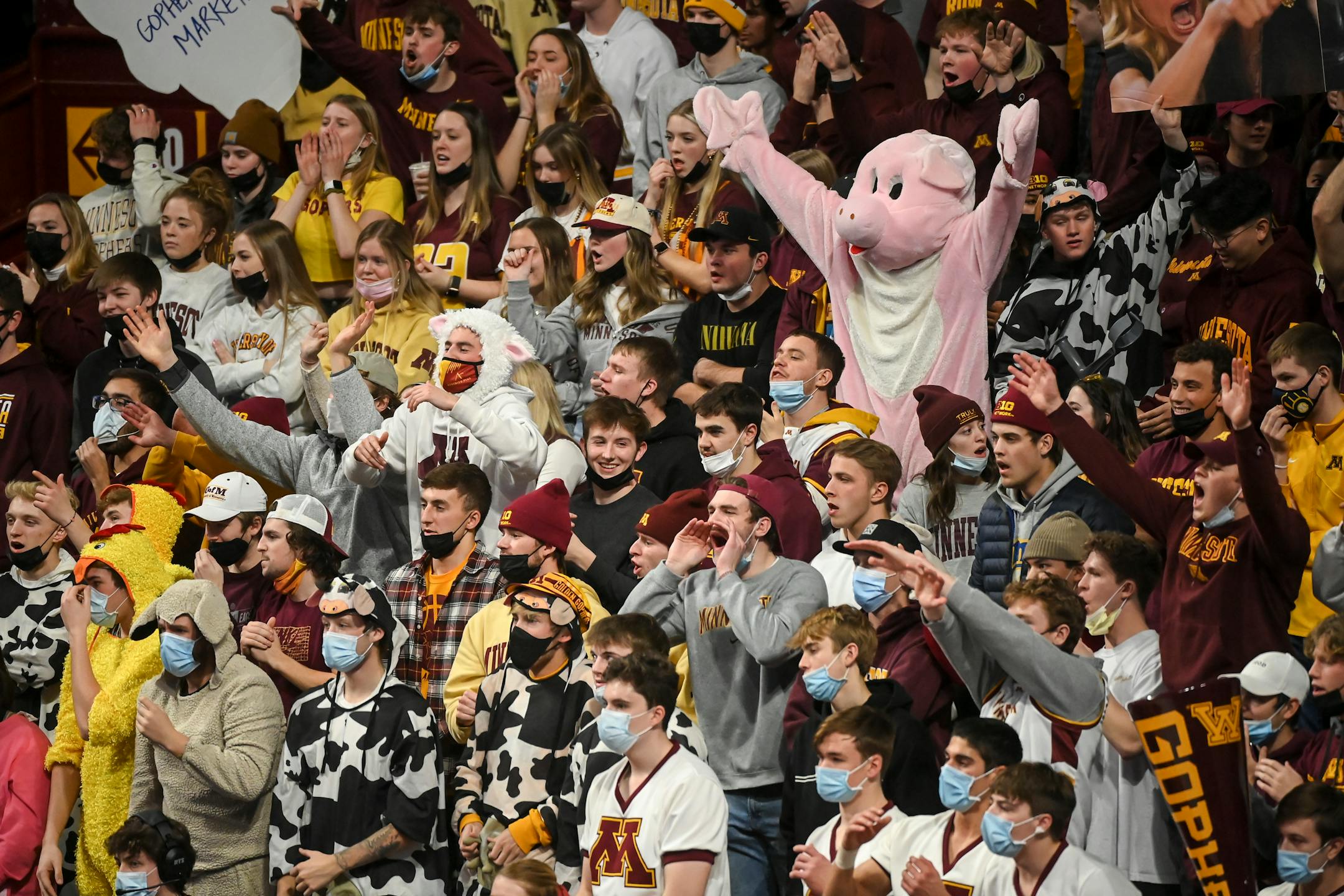 The Minnesota Gophers student section is upset after a foul was called against center Treyton Thompson (42) during the second half of an NCAA men's basketball game between Minnesota and Purdue at Williams Arena in Minneapolis, Minn.