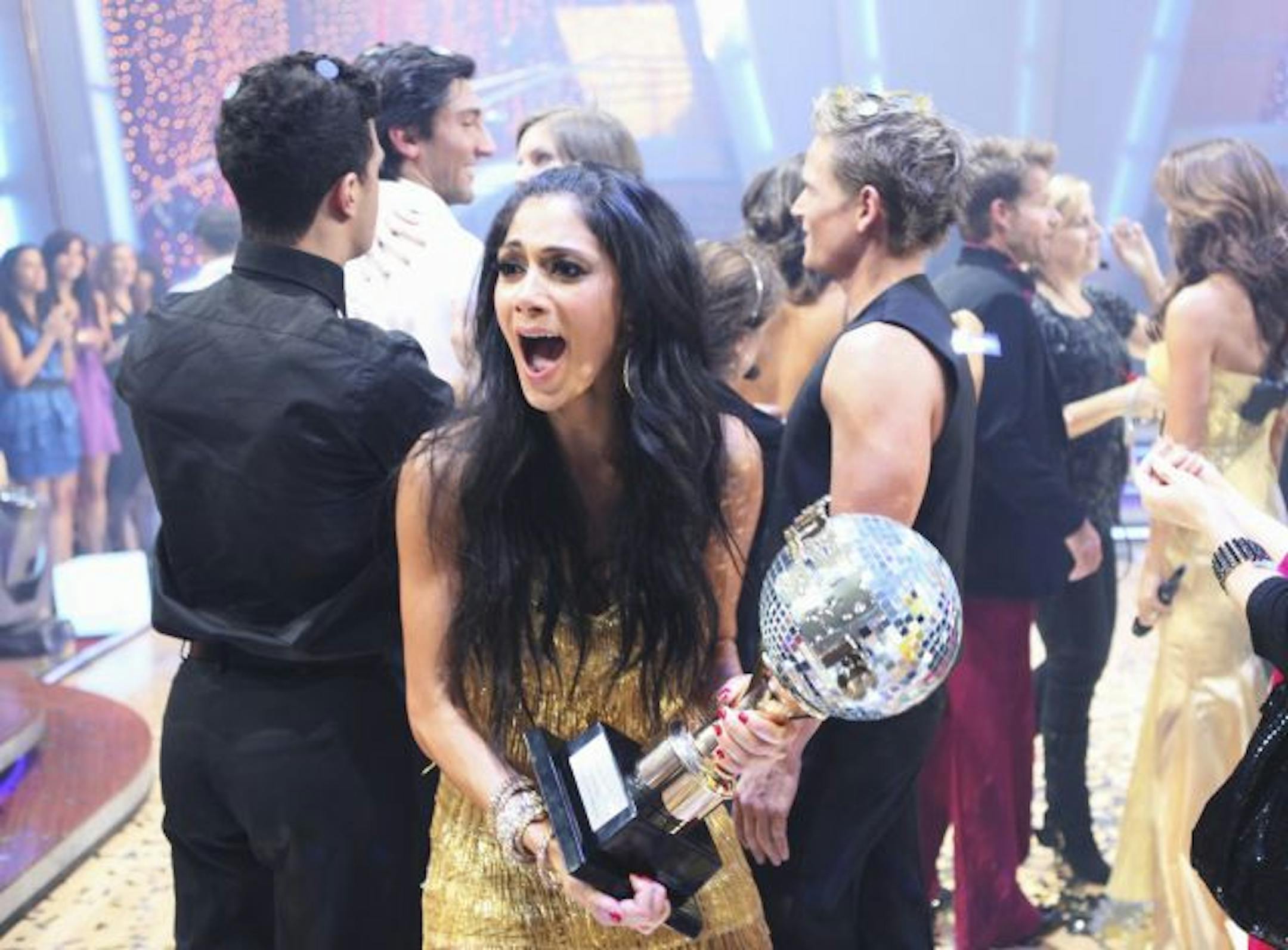 In this image provided by ABC Nicole Scherzinger, foreground reacts after winning "Dancing with the Stars" Tuesday night May 25, 2010. "I feel like I just won a Grammy," she said after the show. "A dancing Grammy!"