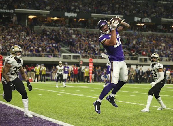 Vikings tight end Kyle Rudolph caught a 15-yard touchdown pass from Sam Bradford in the fourth quarter of Week 1 vs. the Saints