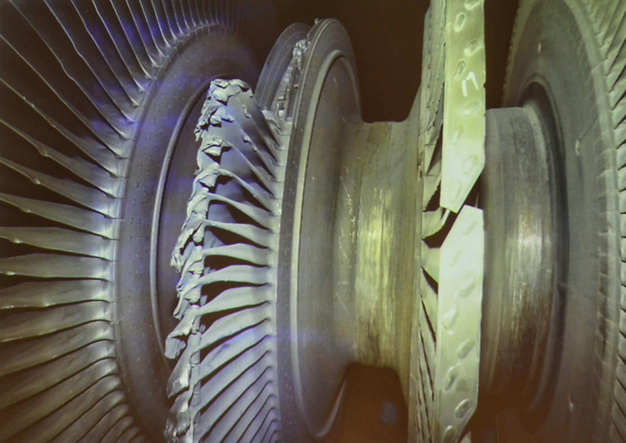 The damaged turbine blades of the generator after the accident.