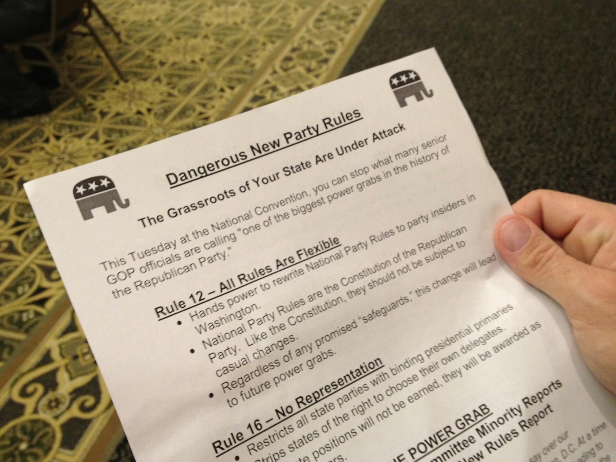 A handbill left this morning under the doors at the St. Petersburg hotel where the Minnesota delegation is staying warns of "dangerous new party rules" that would give more power to party insiders in Washington and make it harder for insurgent candidacies to win delegates in caucuses and primaries.
