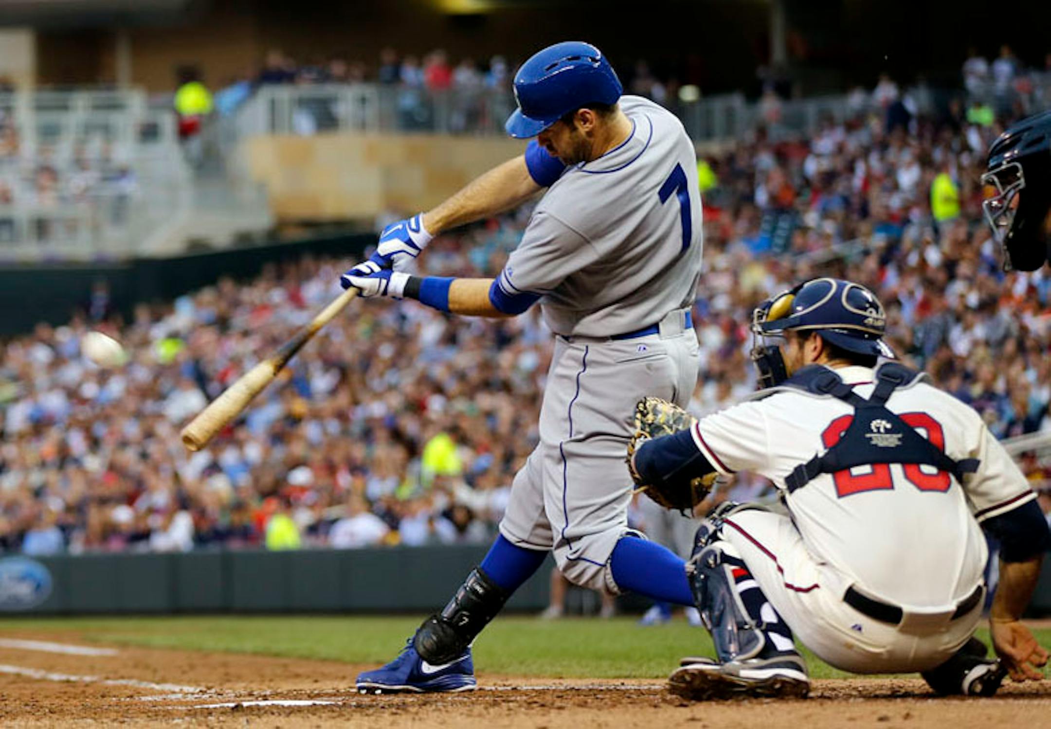Joe Mauer slammed a homored to left, one of three hit by the Twins in the fourth inning alone vs. Milwaukee. Brian Dozier and Ryan Doumit hit the other two.