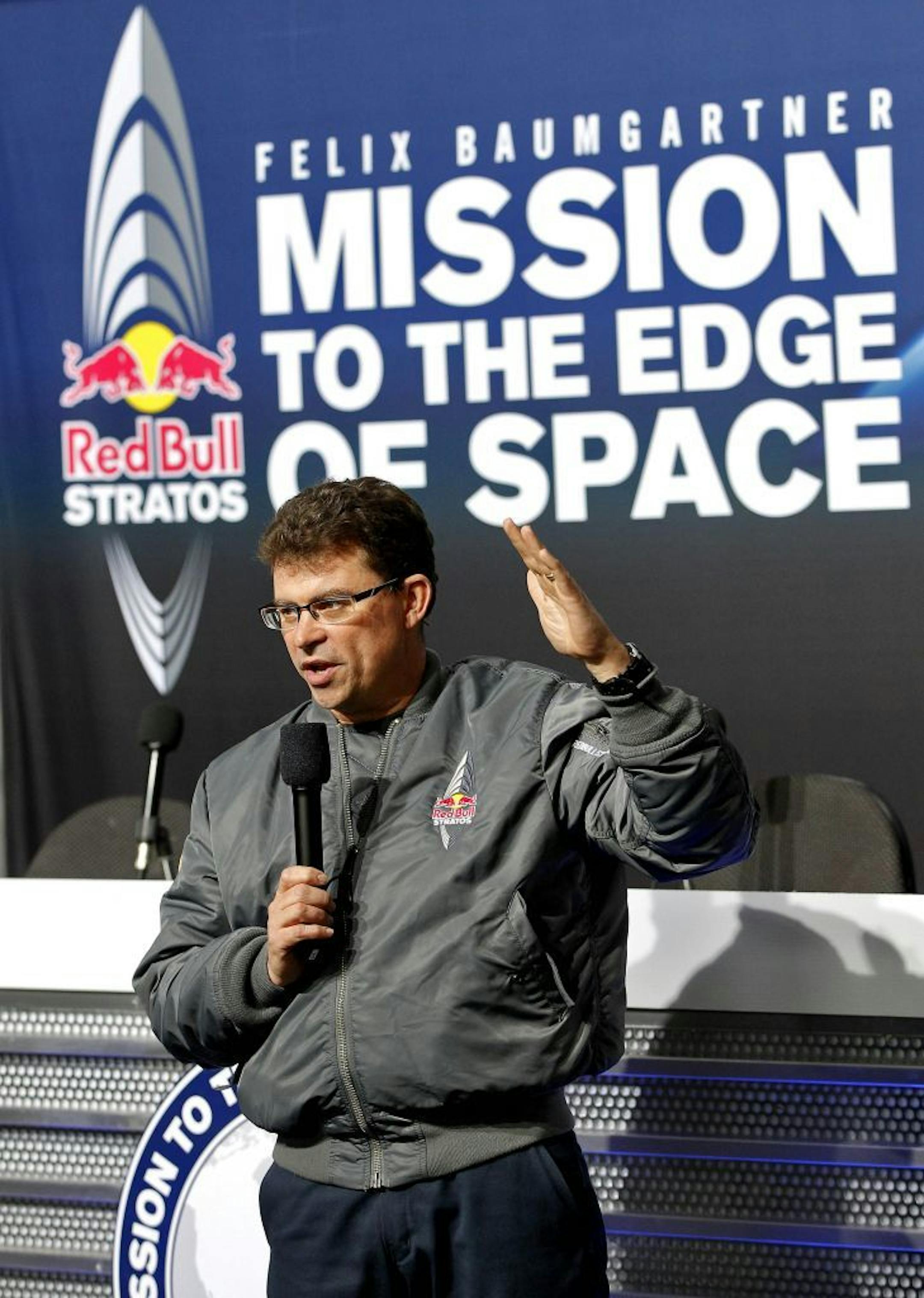 Mission Control meteorologist Don Day discusses the weather conditions Tuesday, Oct. 9, 2012, in Roswell, N.M., where Felix Baumgartner will attempt to break the speed of sound with his own body by jumping from a space capsule lifted by a 30 million cubic foot helium balloon. Baumgartner plans to jump from an altitude of 120,000 feet.