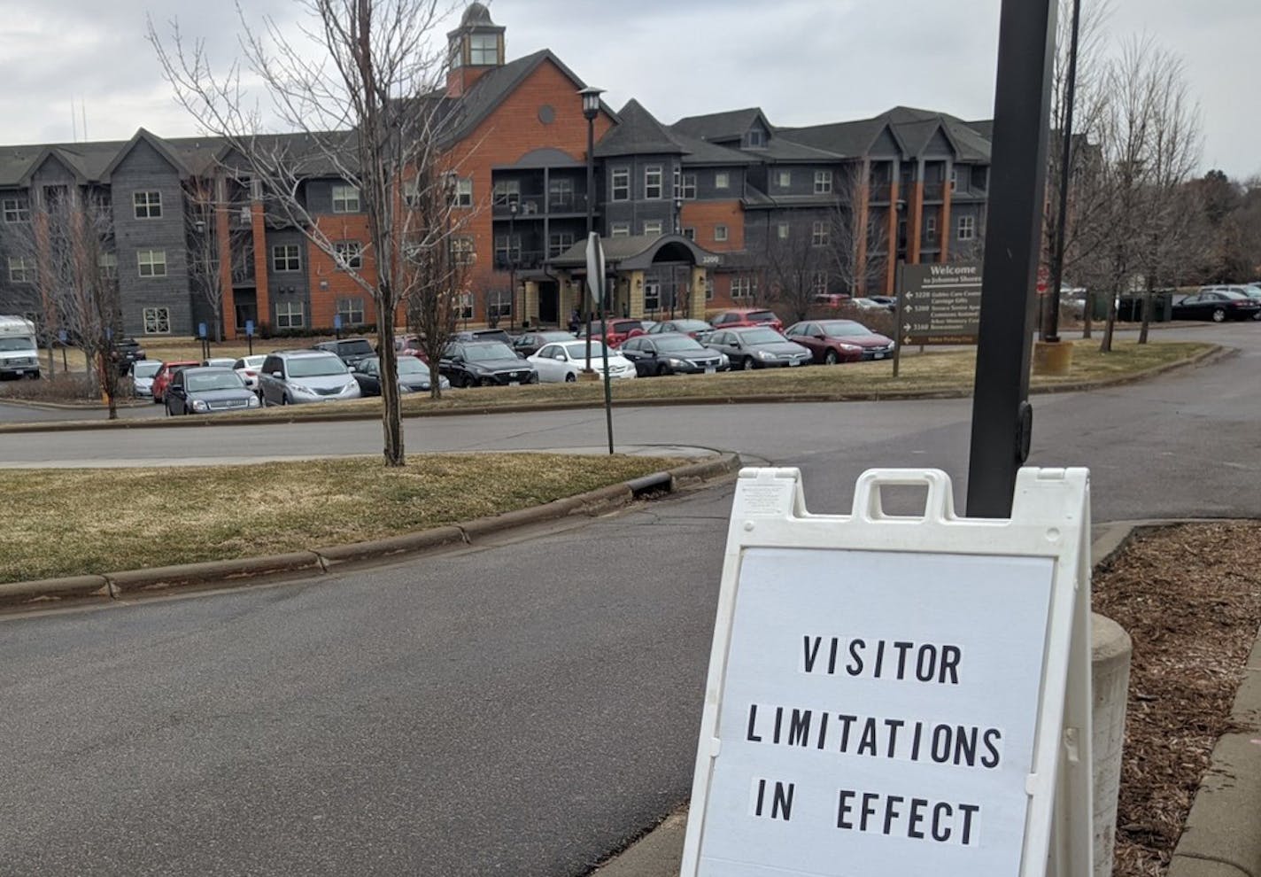 The entrance to Johanna Shores, a senior living community in Arden Hills where two residents have been infected with the novel coronavirus. Residents were notified of the cases by facility management, but state officials have declined to reveal the names and locations of other facilities where the virus has spread.