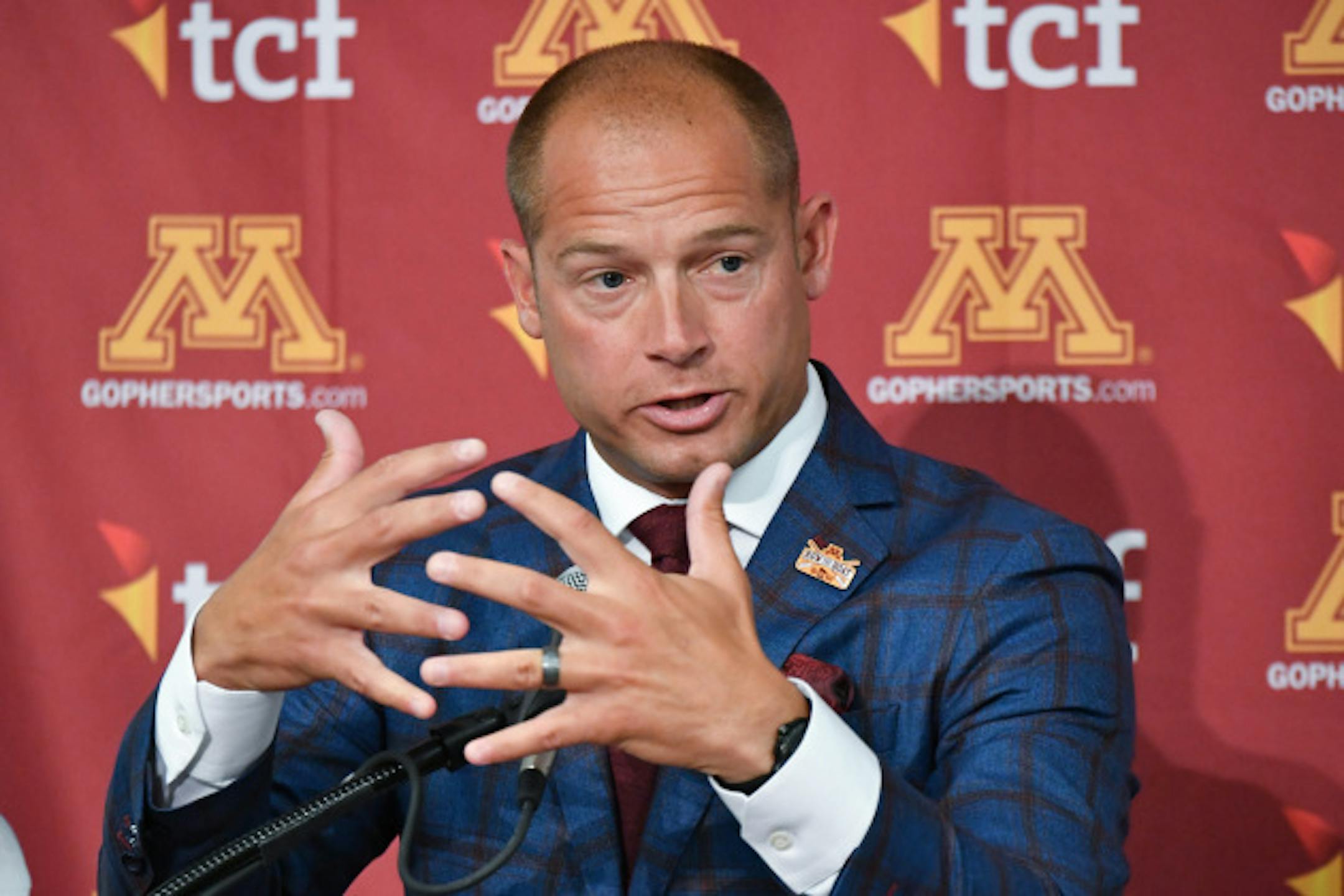 Gophers football Head coach P.J. Fleck       ] GLEN STUBBE ' glen.stubbe@startribune.com Monday July 31, 2017   It's Media Day on Monday for Gophers football. Not sure what coverage we will have for Tuesday paper, but we'll use some time on Monday (time tbd) to shoot Gophers players, coaches, etc.,    The Gophers host a Media Day at the U in the Team Room of Nagurski complex. Head coach P.J. Fleck and student-athletes Shannon Brooks, Blake Cashman, Jon Celestin, Steven Richardson, Rodney Smith and Jared Weyer will speak at the podium. We'll want photos of Fleck and the players.
