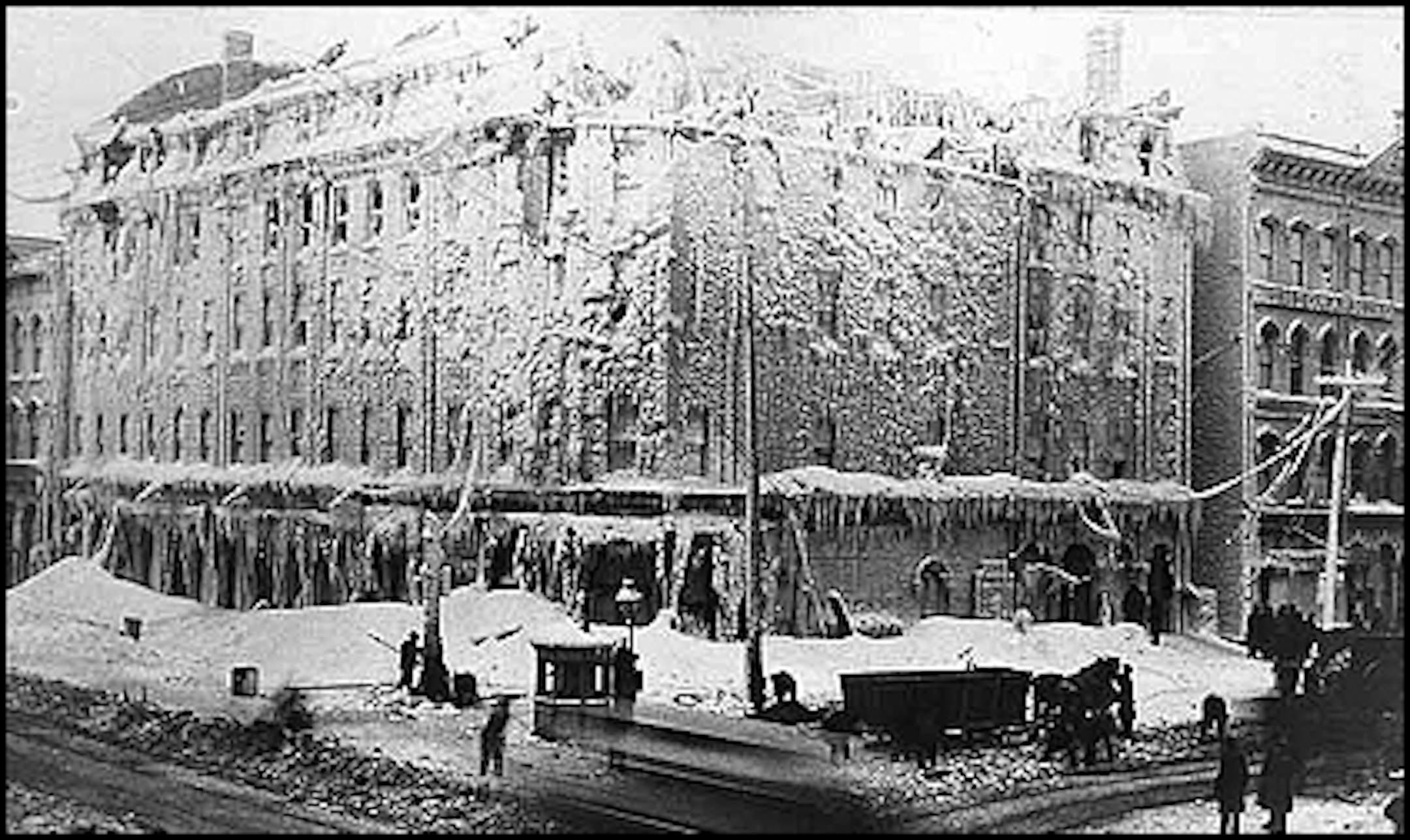The Academy of Music Building, at Washington and Hennepin Avenues in Minneapolis, was gutted by fire on Christmas Day, 1884.