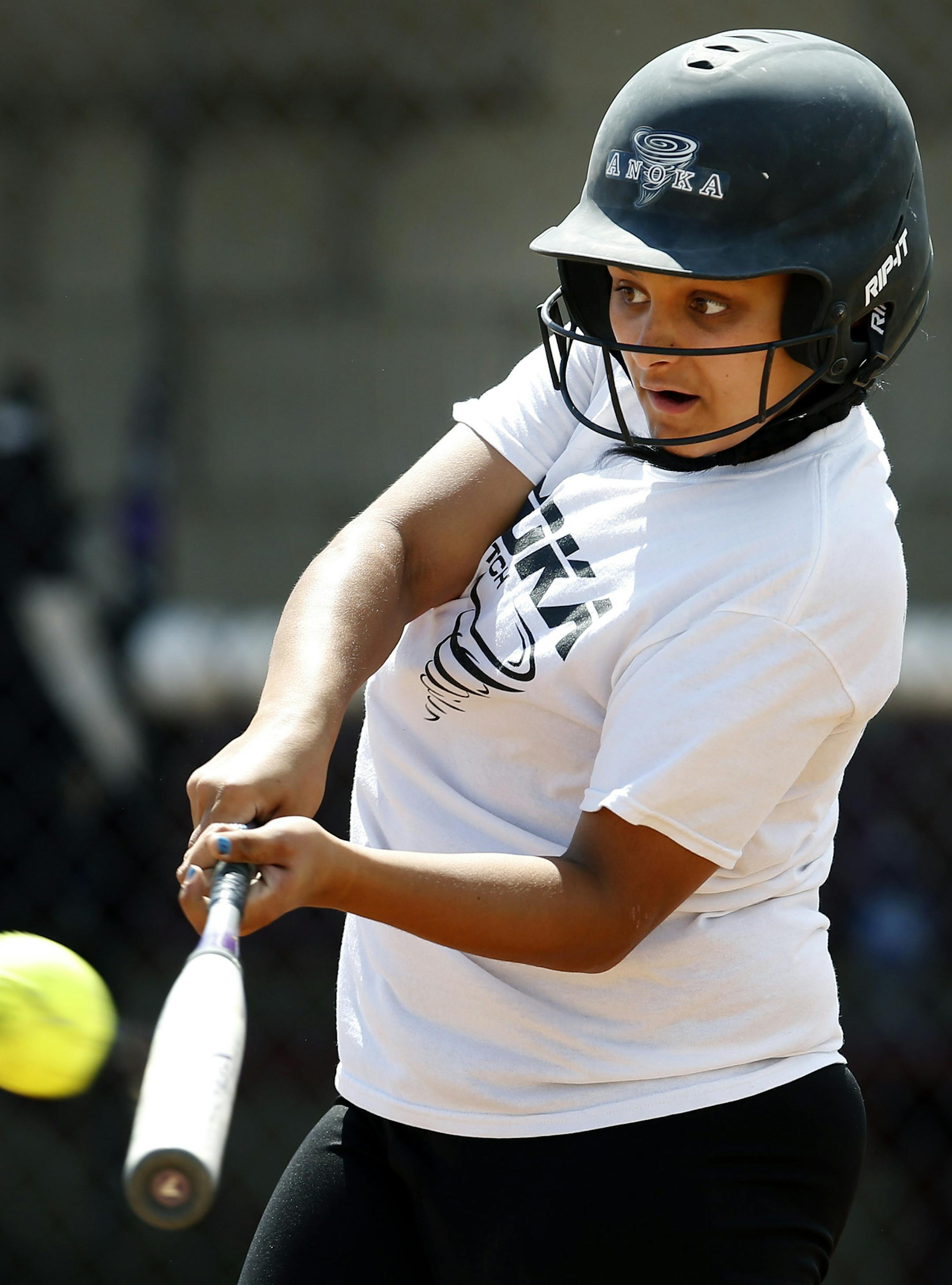 Anoka High School softball catcher Dayja Rosario during practice on Monday. ] CARLOS GONZALEZ cgonzalez@startribune.com - June 2, 2014, Anoka, Minn., Anoka girls softball has qualified for its first ever state tournament.