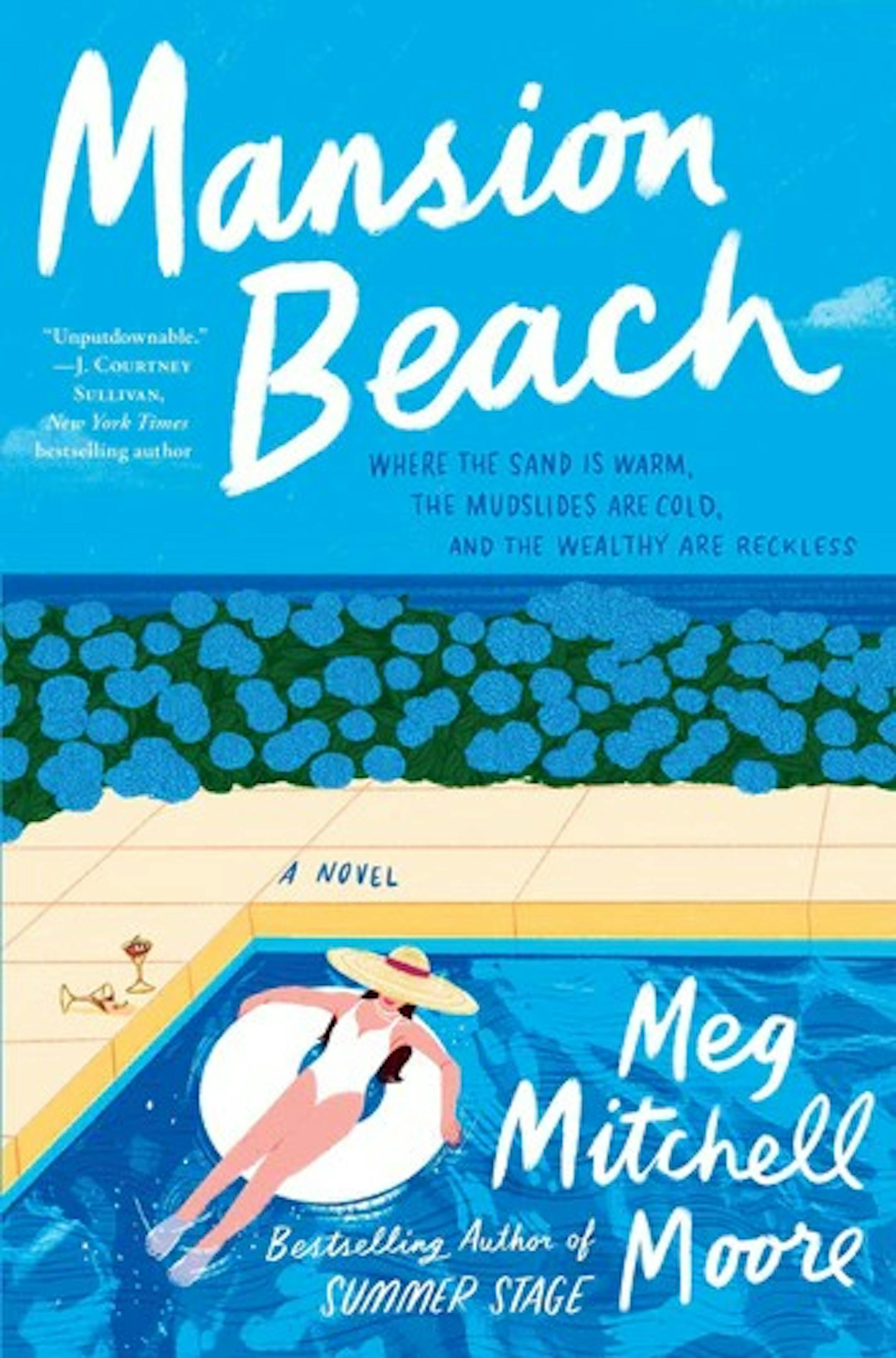 cover of Mansion Beach features an illustration of a woman in a big sun hat, floating in a pool