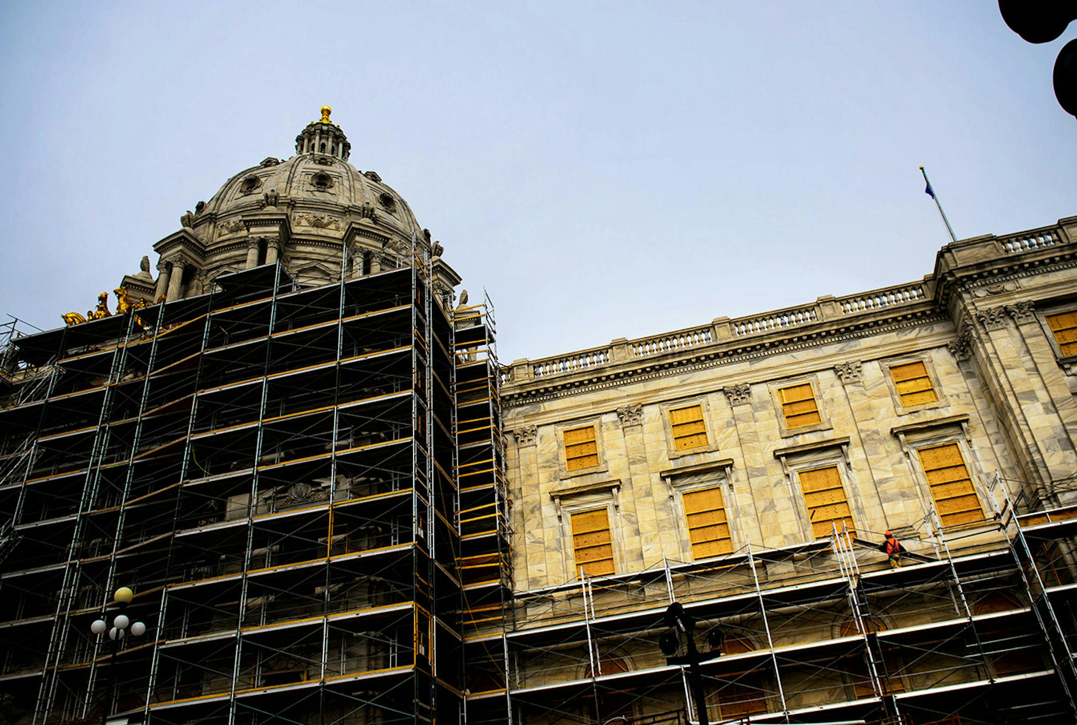 Windows from the front of the Capitol have been removed and replaced with plywood. ] GLEN STUBBE * gstubbe@startribune.com Tuesday, December 2, 2014 With just over one month before the start of the 2015 legislative session, Legislators, protesters, lobbyists and school children will find a vastly different State Capitol with no access to the Rotunda and very limited access to the rest of the building.