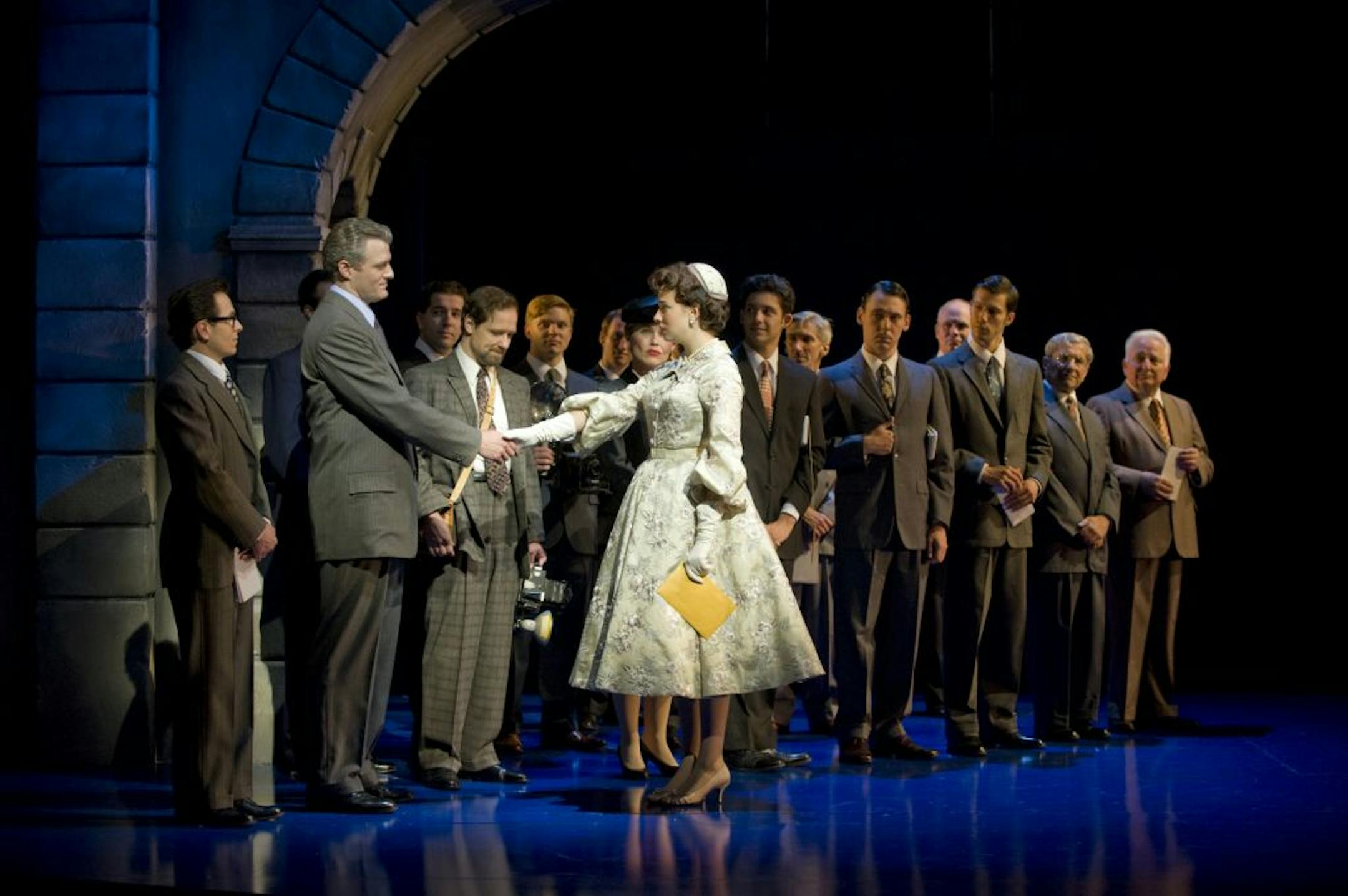 (Left to Right) Edward Watts (Joe Bradley) and Stephanie Rothenberg (Princess Anne) in the Guthrie Theater's production of "Roman Holiday."