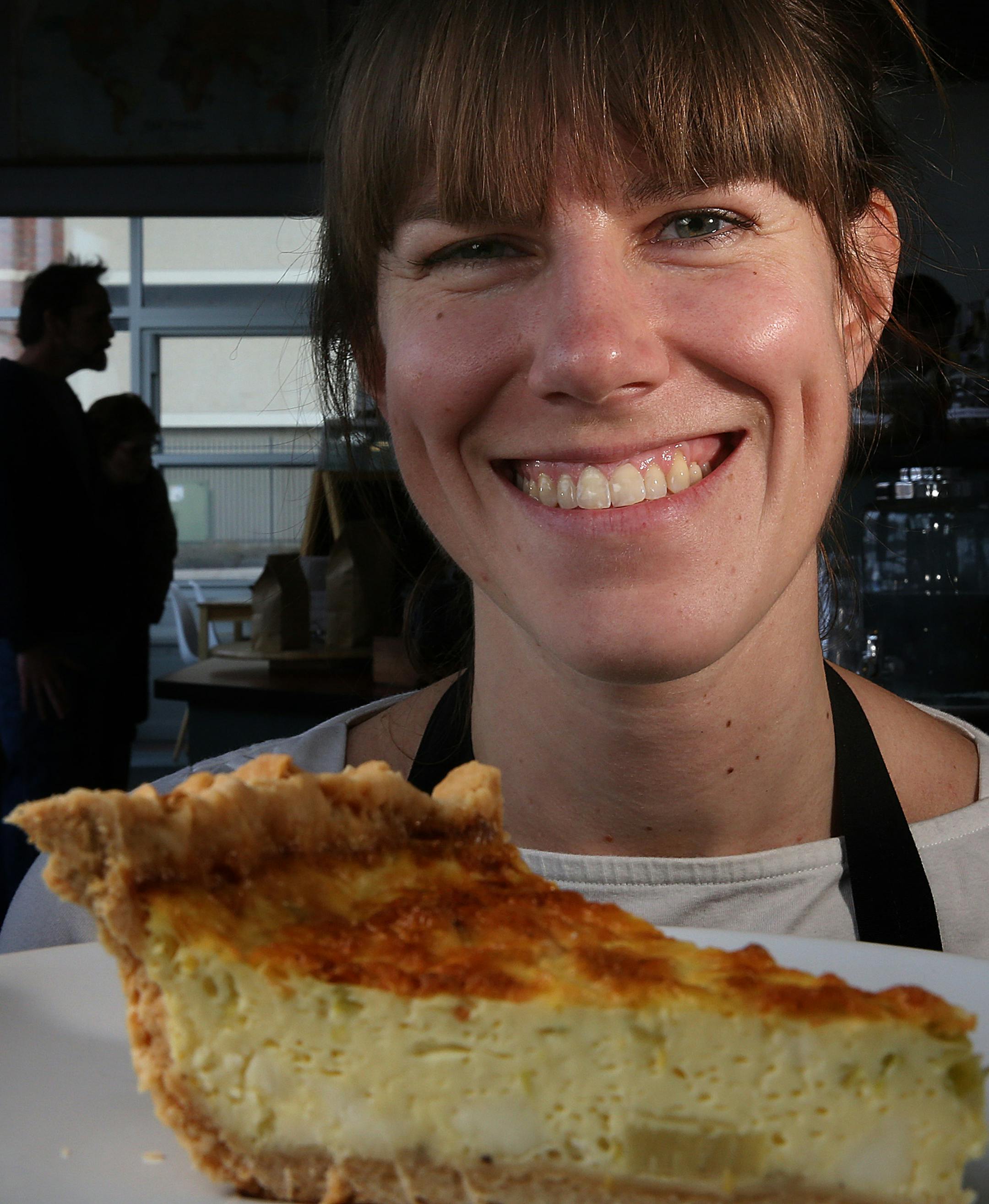 Pastry chef Amy Kelsch displayed a slice of quiche, made with feta, leeks and lemon. ] JIM GEHRZ &#x201a;&#xc4;&#xa2; jgehrz@startribune.com / Minneapolis, MN / March 21, 2014 / 11:00 AM