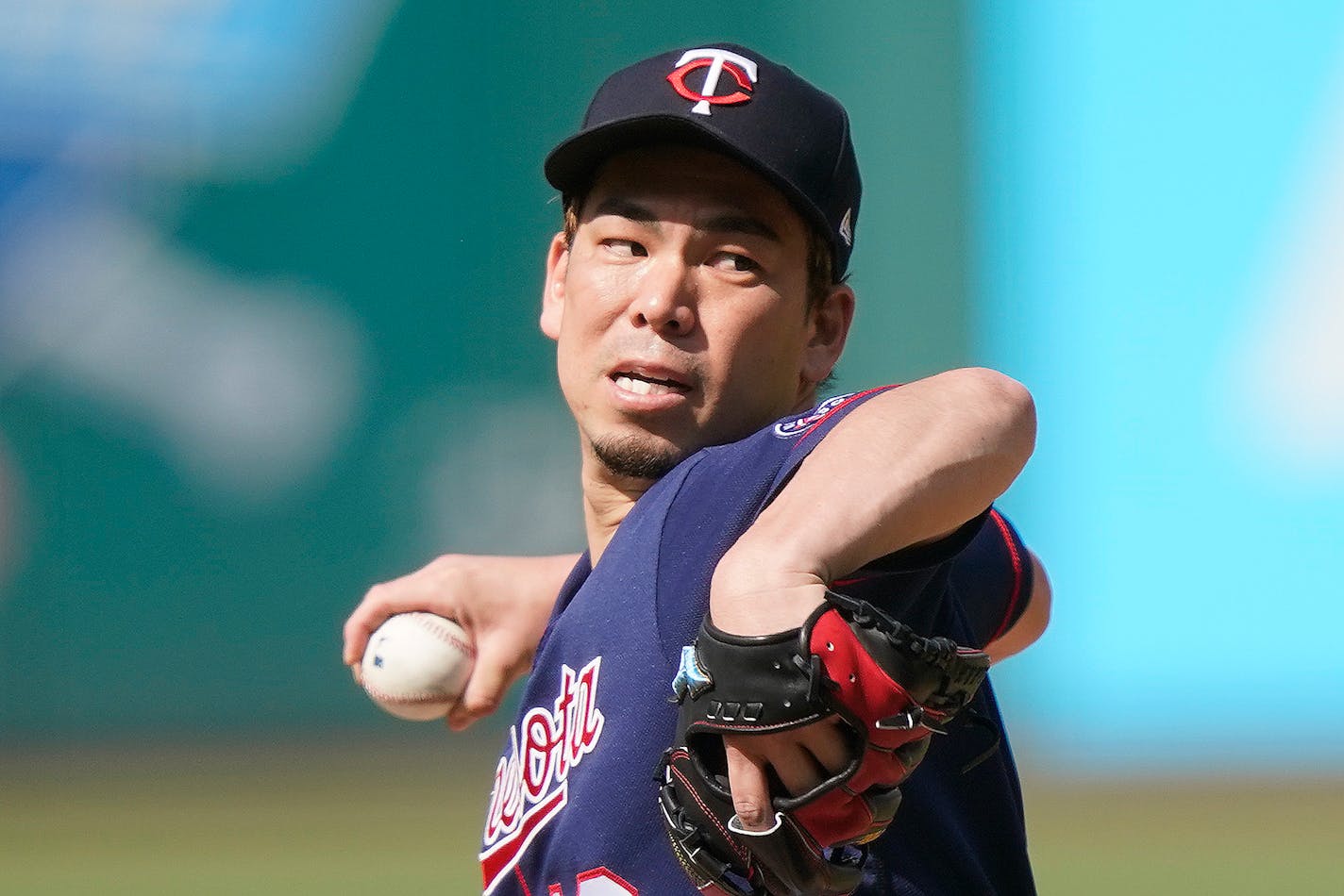 Minnesota Twins starting pitcher Kenta Maeda delivers in the first inning of a baseball game against the Cleveland Indians, Saturday, May 22, 2021, in Cleveland. (AP Photo/Tony Dejak)