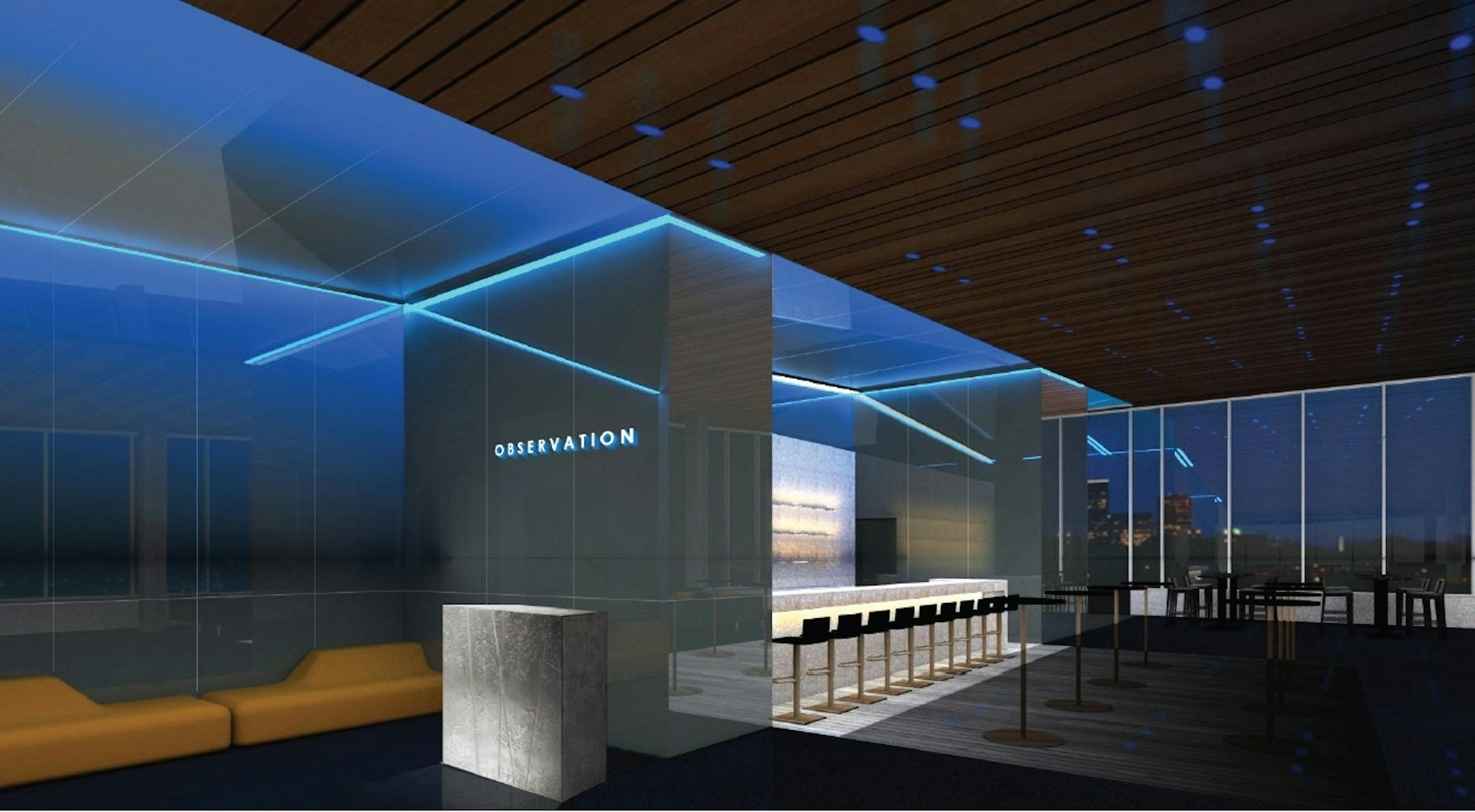 Observation Bar, a lounge at the top of the hotel, will have floor-to-ceiling views of the airport, the nearby rivers and both downtown Minneapolis and St. Paul.