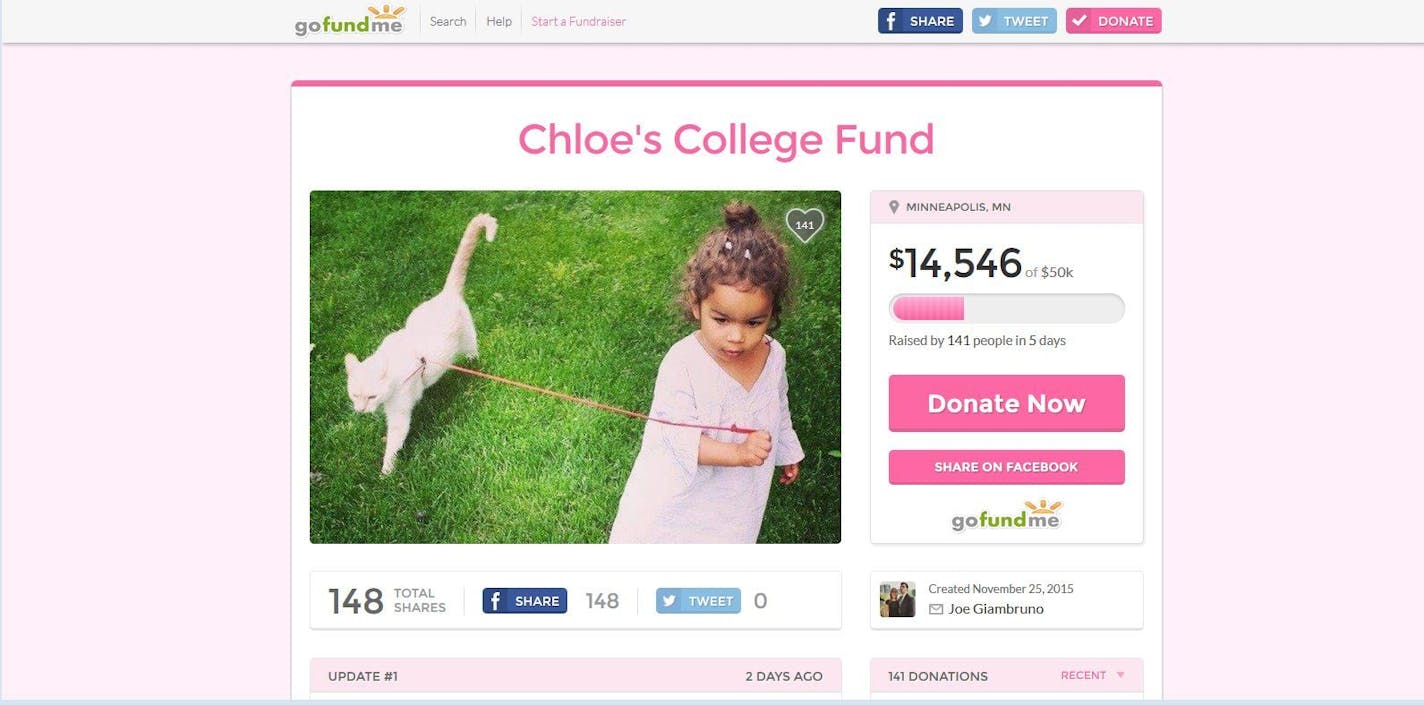 A screen grab from a Go Fund Me page for Addie Jensen's daughter.