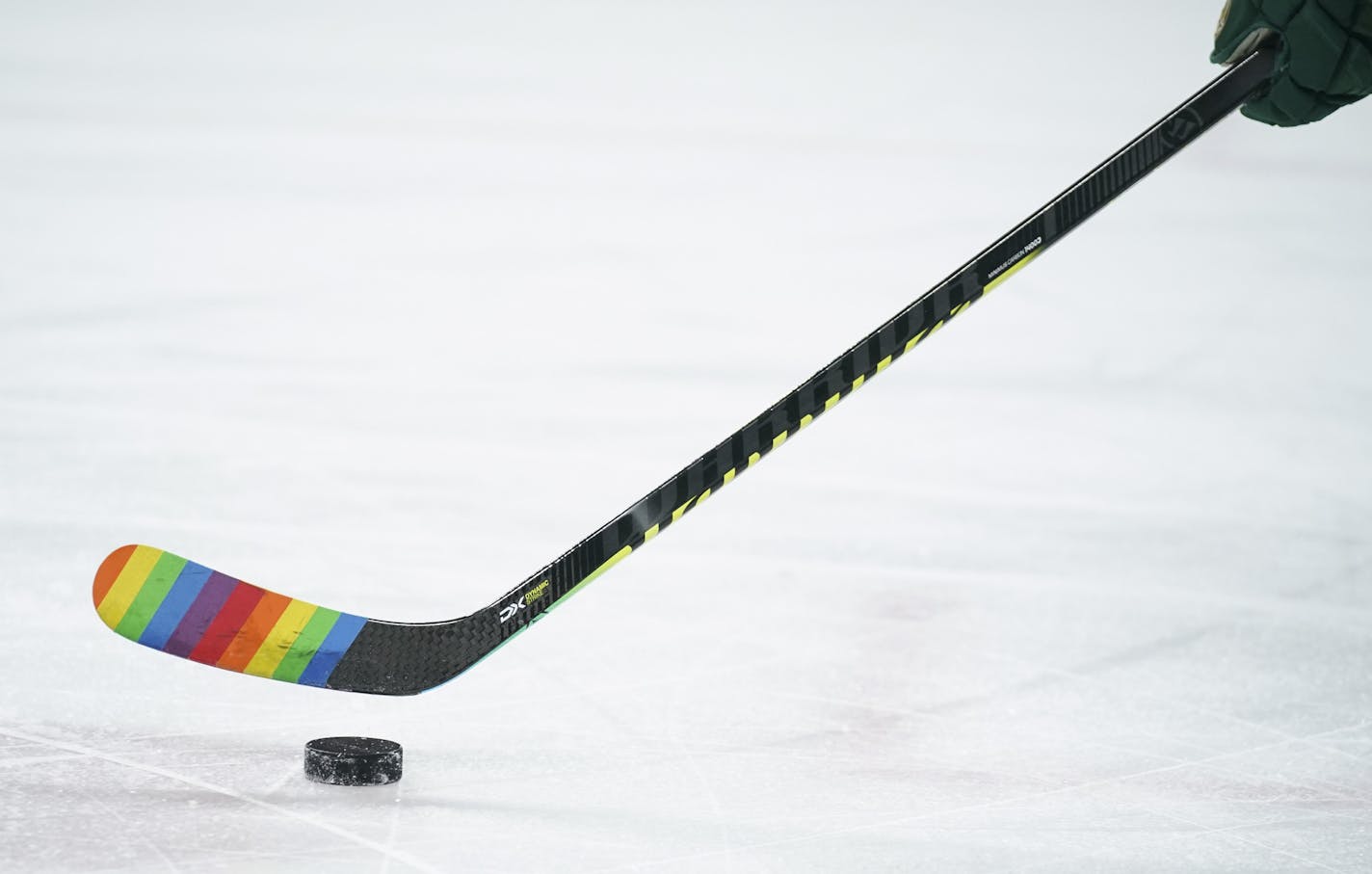 Jason Zucker's stick blade was taped with rainbow colors on the night of the Wild's annual "Hockey is for Everyone" night.