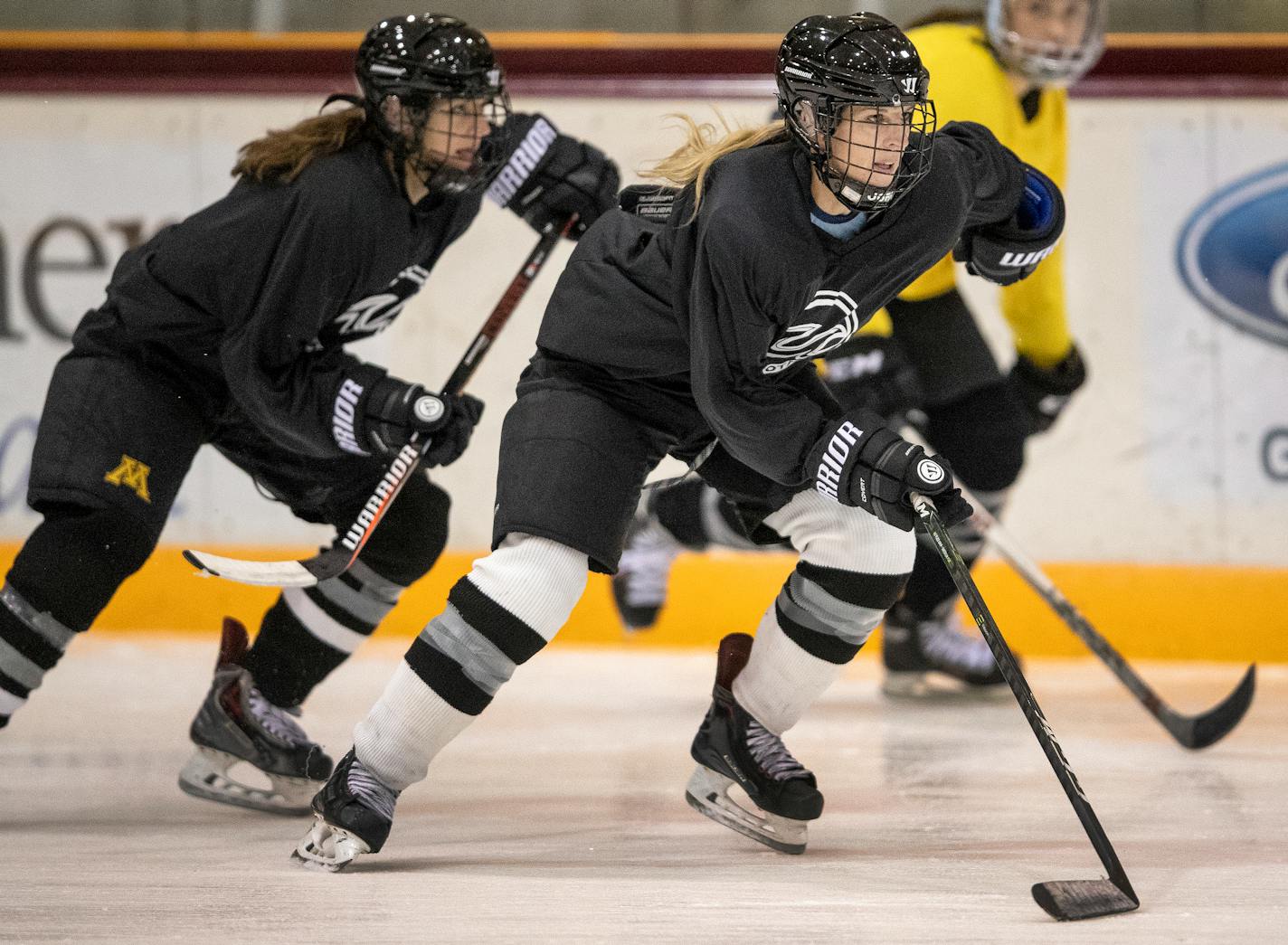 The Minnesota Whitecaps at an October practice. Minnesota's semifinal playoff game, postponed from last weekend, will be played Friday night, and Sunday's championship game will be at the TRIA rink in St. Paul, too. ] CARLOS GONZALEZ • cgonzalez@startribune.com – October 1, 2018, Minneapolis, MN, University of Minnesota, U's Ridder Arena will be the Minnesota Whitecaps women's hockey team's practice.