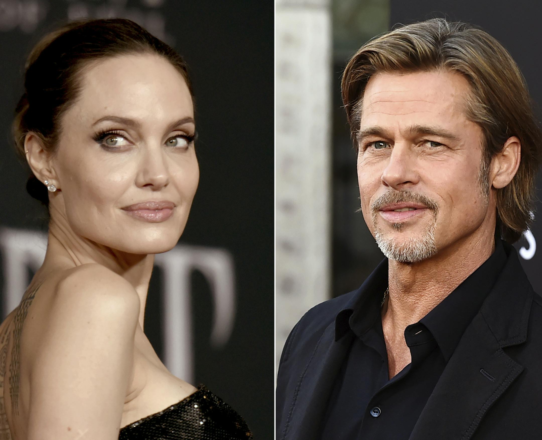 This combination photo shows Angelina Jolie at the world premiere of "Maleficent: Mistress of Evil" in Los Angeles on Sept. 30, 2019, left, and Brad Pitt at the special screening of "Ad Astra" in Los Angeles on Sept. 18, 2019. Jolie asked Monday that the private judge overseeing her divorce from Pitt be disqualified from the case because of insufficient disclosures of his business relationships with one of Pitt's attorneys. In a filing in Los Angeles Superior Court, Jolie argues that Judge John