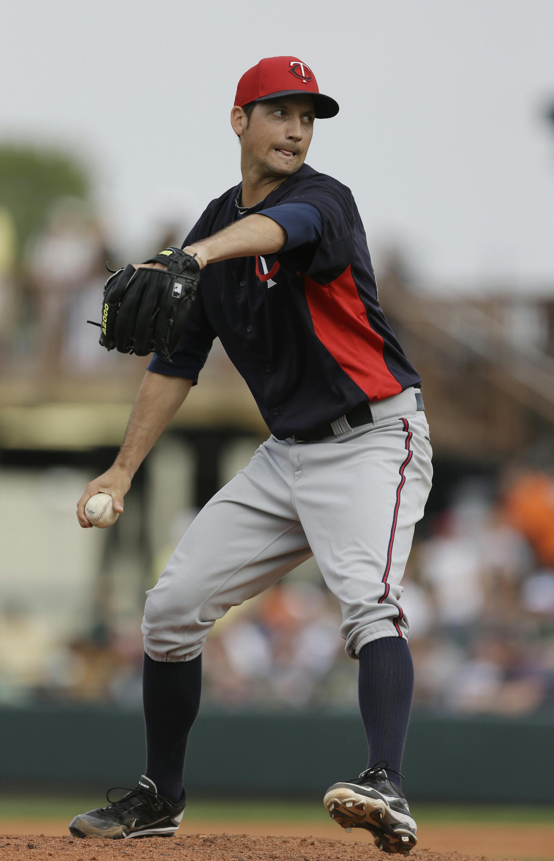Minnesota Twins pitcher Alex Meyer throws during the eighth inning of an exhibition spring training baseball game against the Pittsburgh Pirates, Saturday, March 9, 2013 in Bradenton, Fla. (AP Photo/Carlos Osorio) ORG XMIT: NYOTK