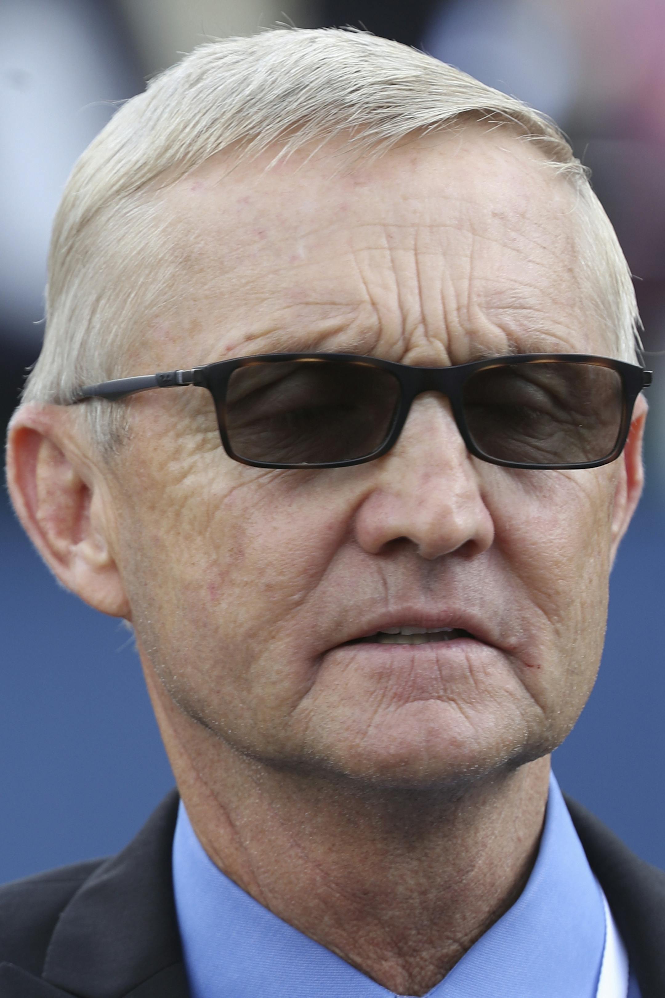 Trainer Jason Servis is seen at Churchill Downs Friday, May 3, 2019, in Louisville, Ky. Servis will saddle Maximum Security in the 145th running of the Kentucky Derby is scheduled for Saturday, May 4. (AP Photo/Gregory Payan) ORG XMIT: NYOTK