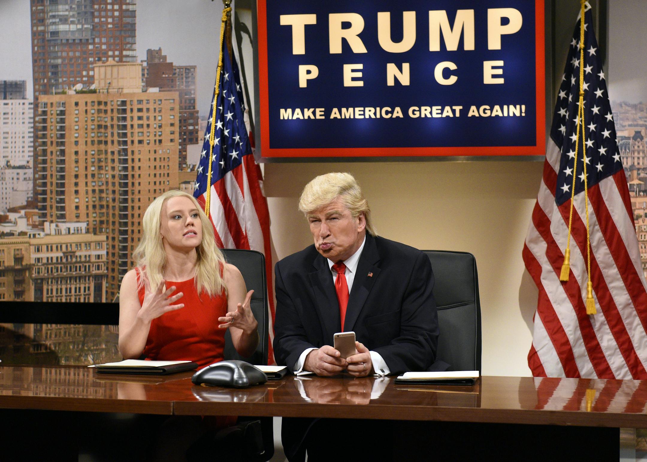 This Dec. 3, 2016, image shows Kate McKinnon as Kellyanne Conway, left, and Alec Baldwin as then-President-elect Donald Trump during an airing of “Saturday Night Live” in New York. Trump has called the late-night institution unfunny and Baldwin’s portrayal of him mean-spirited, suggesting the show isn’t long for the world.