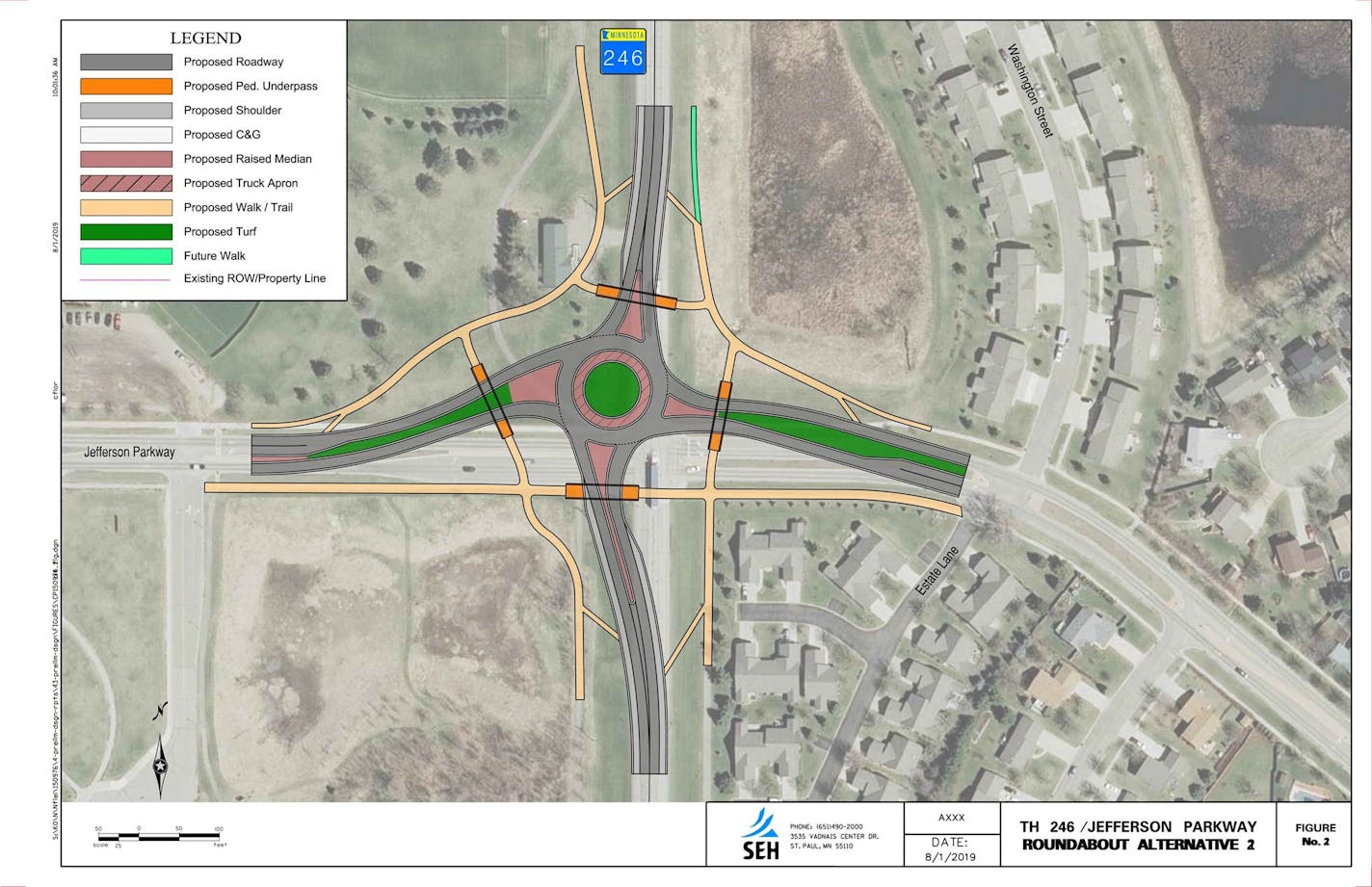 This is the design of the roundabout that will be built next year at Hwy. 246 and Jefferson Parkway in Northfield, including underpasses for pedestrians.