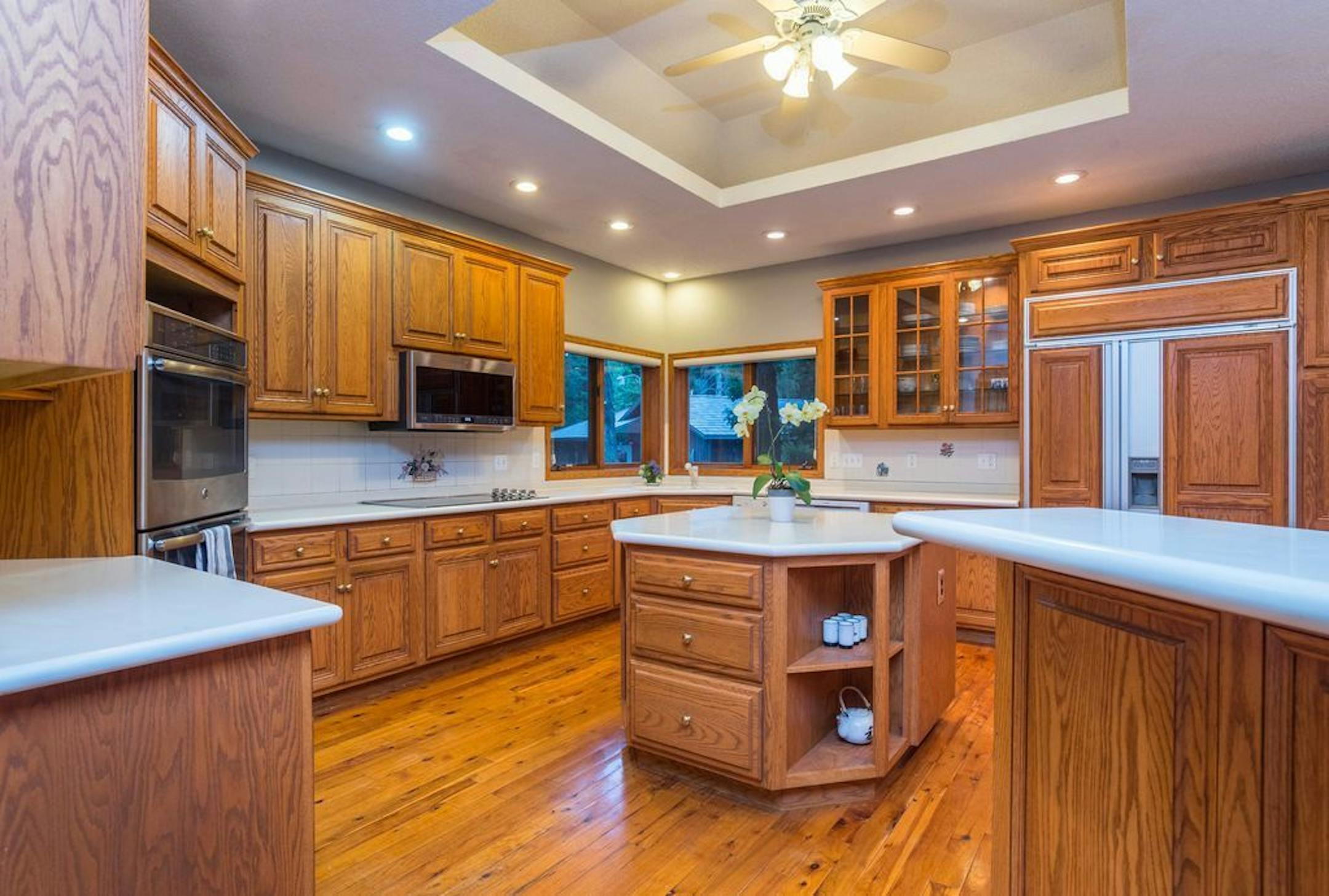 The kitchen has been upgraded with new appliances.