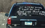 Emil Schmiege&#x2019;s van was spotted in the Twin Cities Nov. 9. This image has been altered to remove profanity and to blur the license plate.