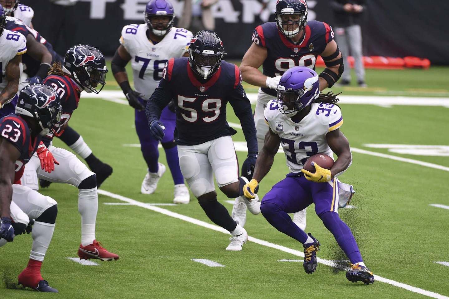 Minnesota Vikings running back Dalvin Cook (33) runs against the Houston Texans during first half of an NFL football game Sunday, Oct. 4, 2020, in Houston. (AP Photo/Eric Christian Smith)