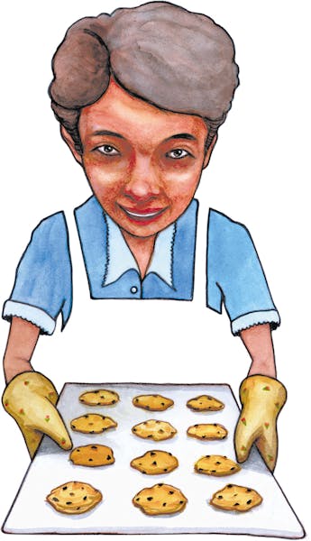 300 dpi 4 col. x 15 inches/220x381 mm/749x1296 pixels Brent Castillo color illustration of mom offering up a pan of freshly baked chocolate chip cooki