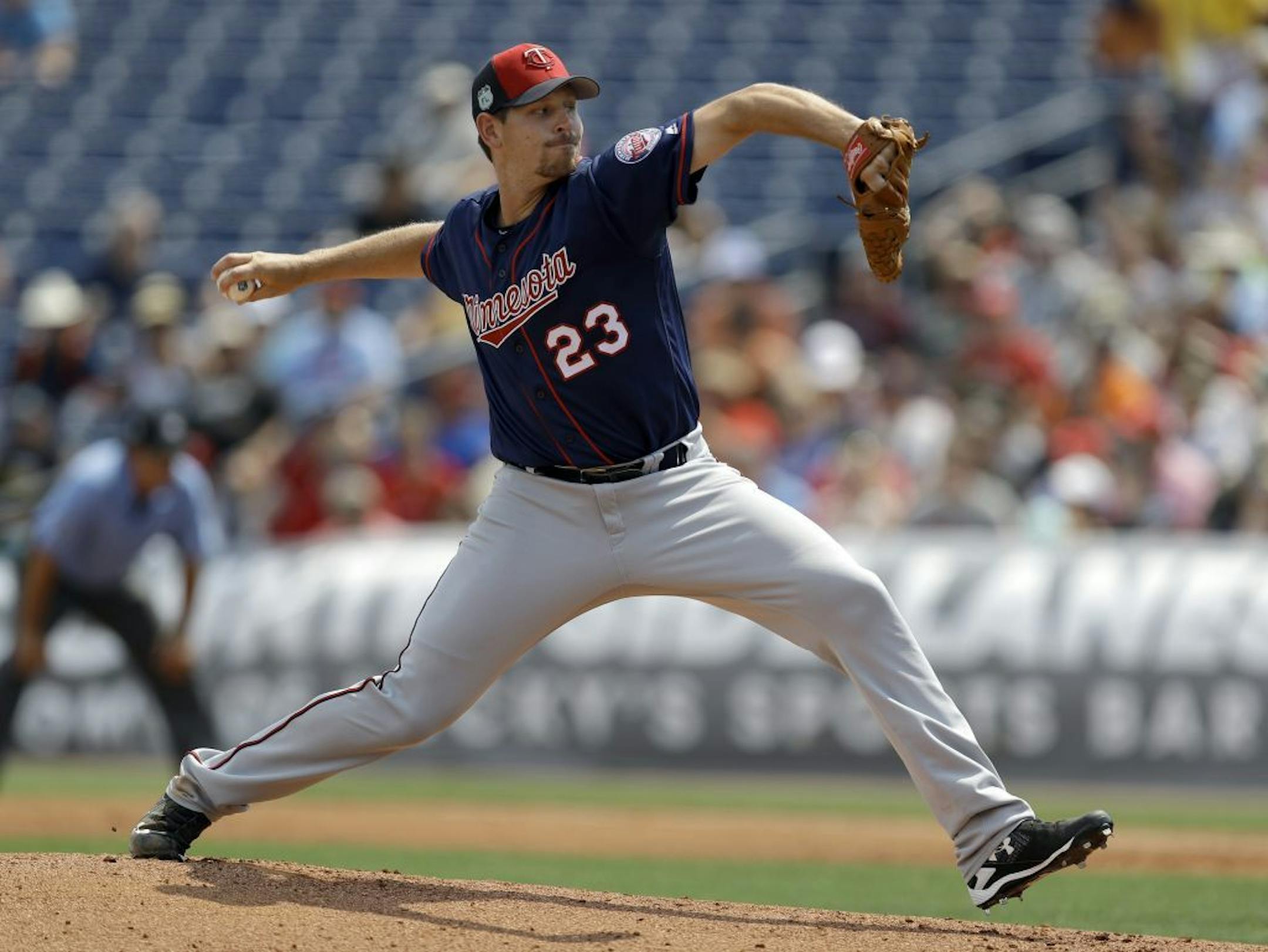 Minnesota Twins pitcher Nick Tepesch delivers to the Philadelphia Phillies during the first inning of a spring training baseball game Thursday, March 23, 2017, in Clearwater, Fla.