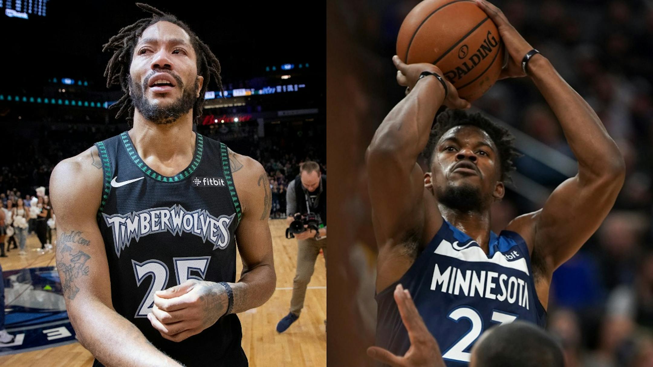 A tale of two Wolves guards: Derrick Rose, left, scored a career-high 50 points in a 128-125 victory over Utah on Wednesday night, while Jimmy Butler, right, sat out the game with "general soreness."