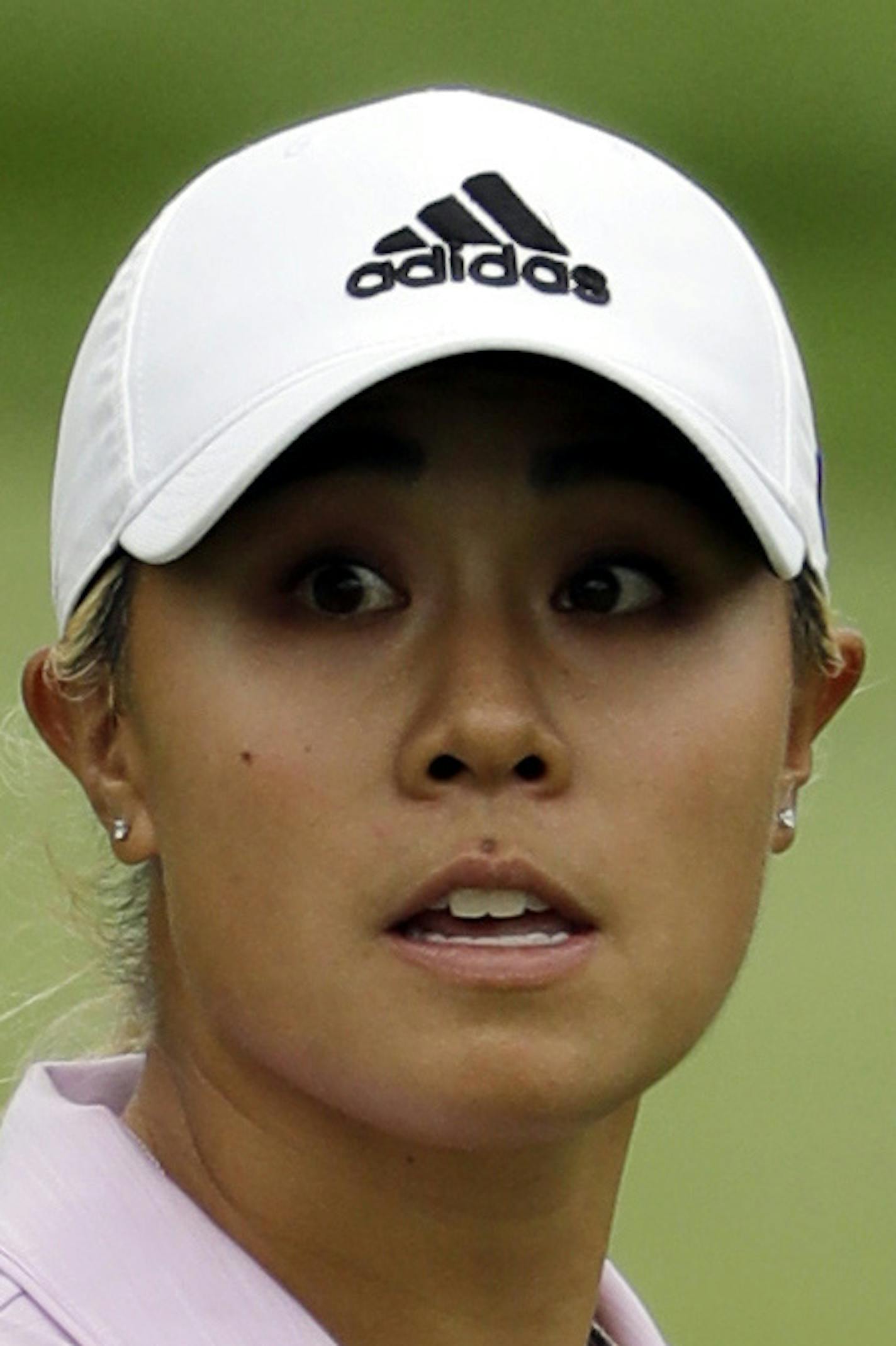 Danielle Kang reacts after a birdie on the sixth hole the second round of the Indy Women in Tech Championship golf tournament, Friday, Aug. 17, 2018, Indianapolis. (AP Photo/Darron Cummings) ORG XMIT: INDC122