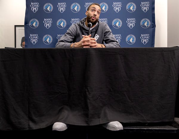 Rudy Gobert of the Minnesota Timberwolves speaks during an end of season press conference.