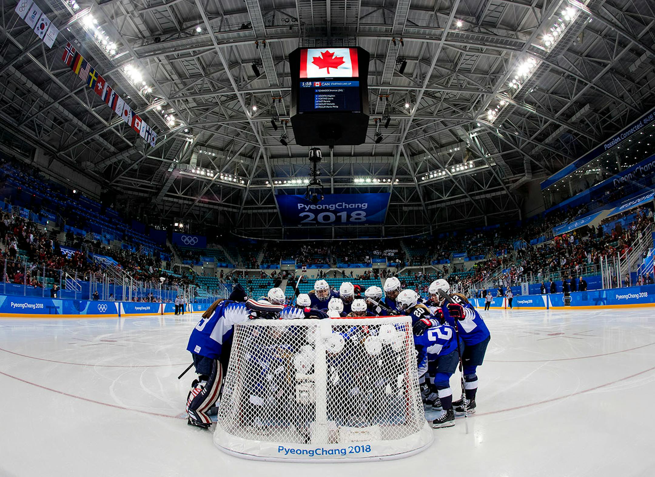 Team USA gathered before the start of the gold medal game. USA beat Canada 3-2 in a shootout to win the gold medal at Gangneung Hockey Centre on Thursday.