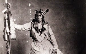 A copy of a photograph of Taoyateduta, also known as "Little Crow," chief of the Mdewakanton Dakota, on display at the Brown County Historical Society