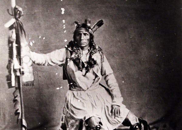 A copy of a photograph of Taoyateduta, also known as "Little Crow," chief of the Mdewakanton Dakota, on display at the Brown County Historical Society