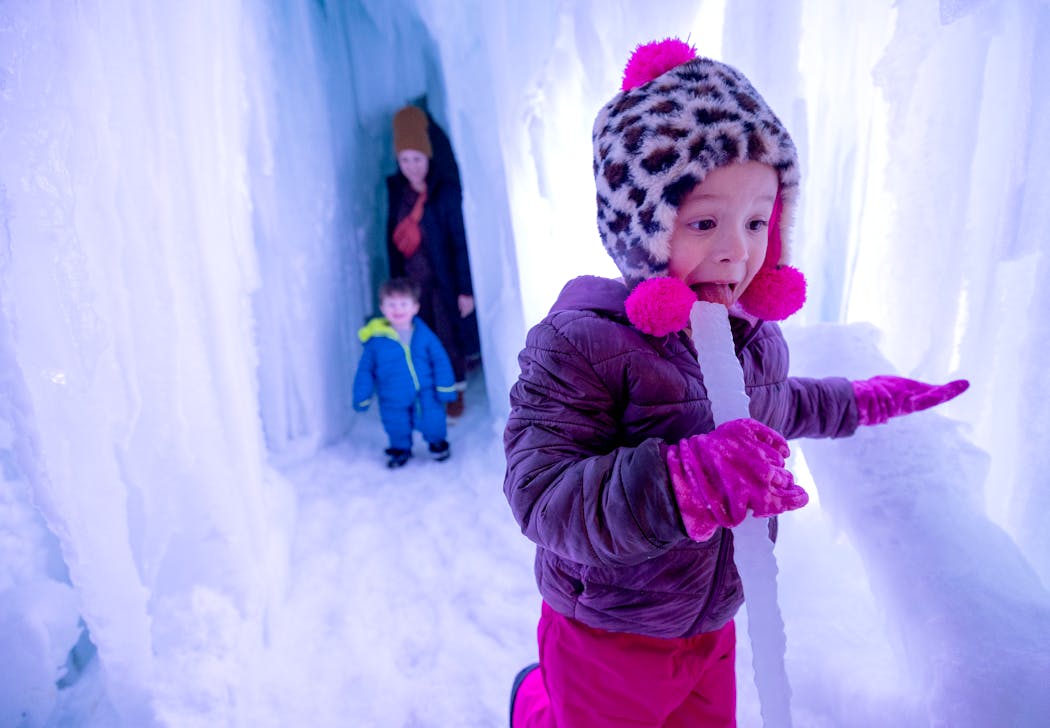 Tessa Jochims, 4, of Maple Plain made her way through an ice cave at Ice Palace at Fountain Hill Winery in Delano.