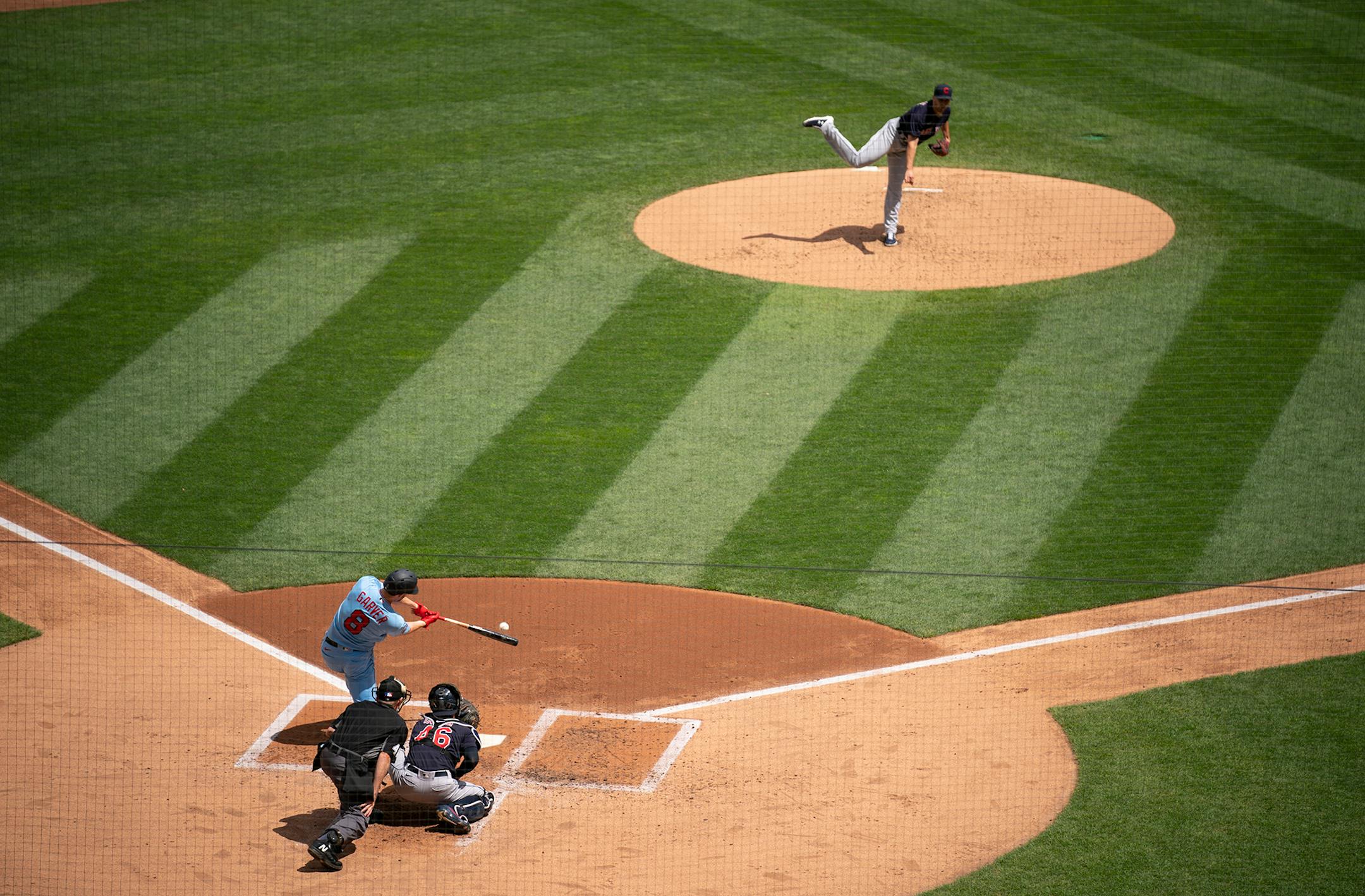 Minnesota Twins catcher Mitch Garver (8) hit a solo homer off Cleveland Indians starting pitcher Aaron Civale (43) in the second inning. The Minnesota Twins faced the Cleveland Indians in the final game of their series Sunday afternoon, August 2, 2020 at Target Field in Minneapolis.