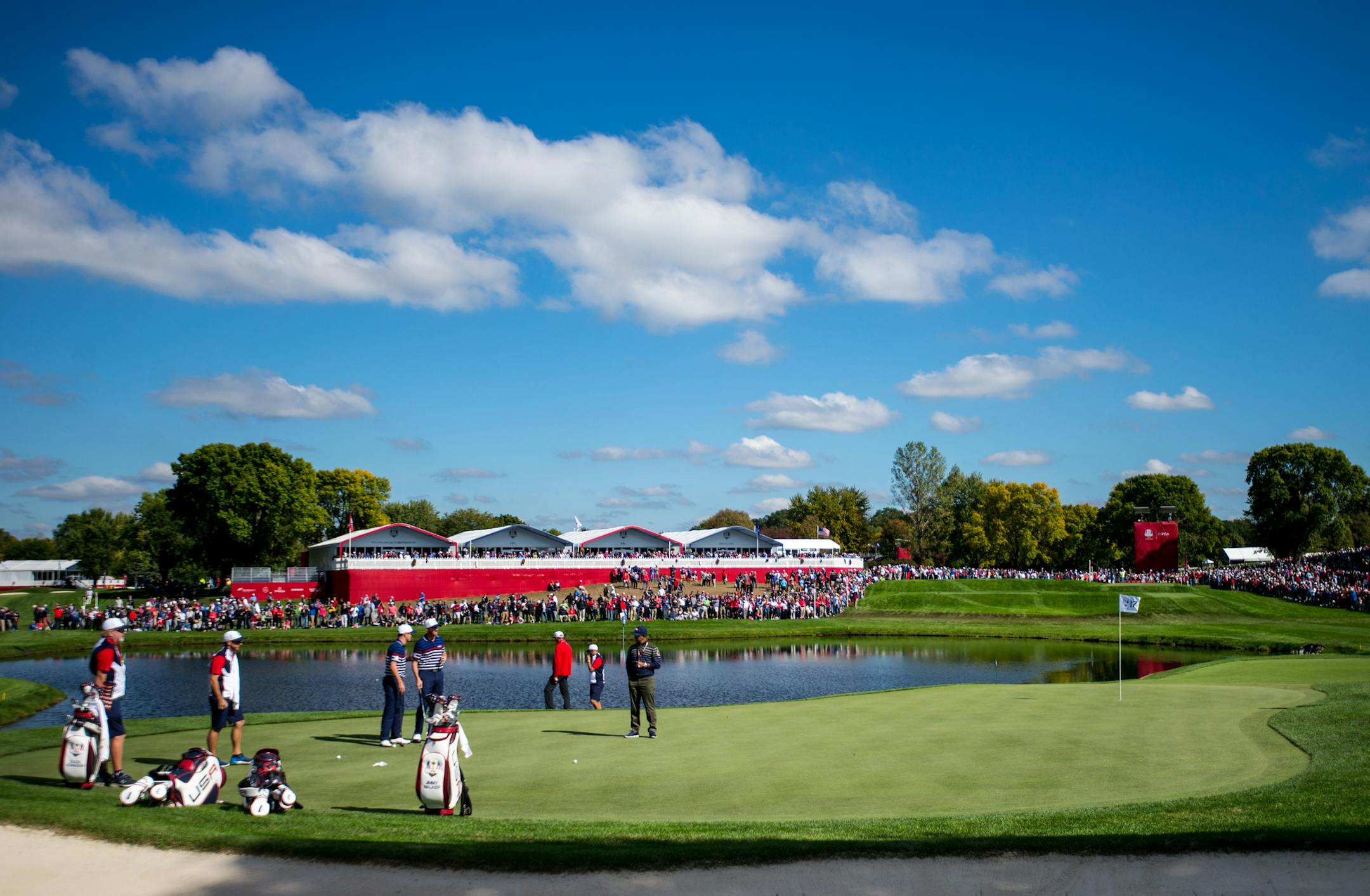 Team USA golfers with group one practiced on the 17th green Thursday. ] (AARON LAVINSKY/STAR TRIBUNE) aaron.lavinsky@startribune.com Team USA and Team Europe practiced for the Ryder Cup at Hazeltine National Golf Club on Thursday, Sept. 29, 2016 in Chaska, Minn. The Ryder Cup Captains match was held Thursday morning and the opening ceremonies were held later in the afternoon.