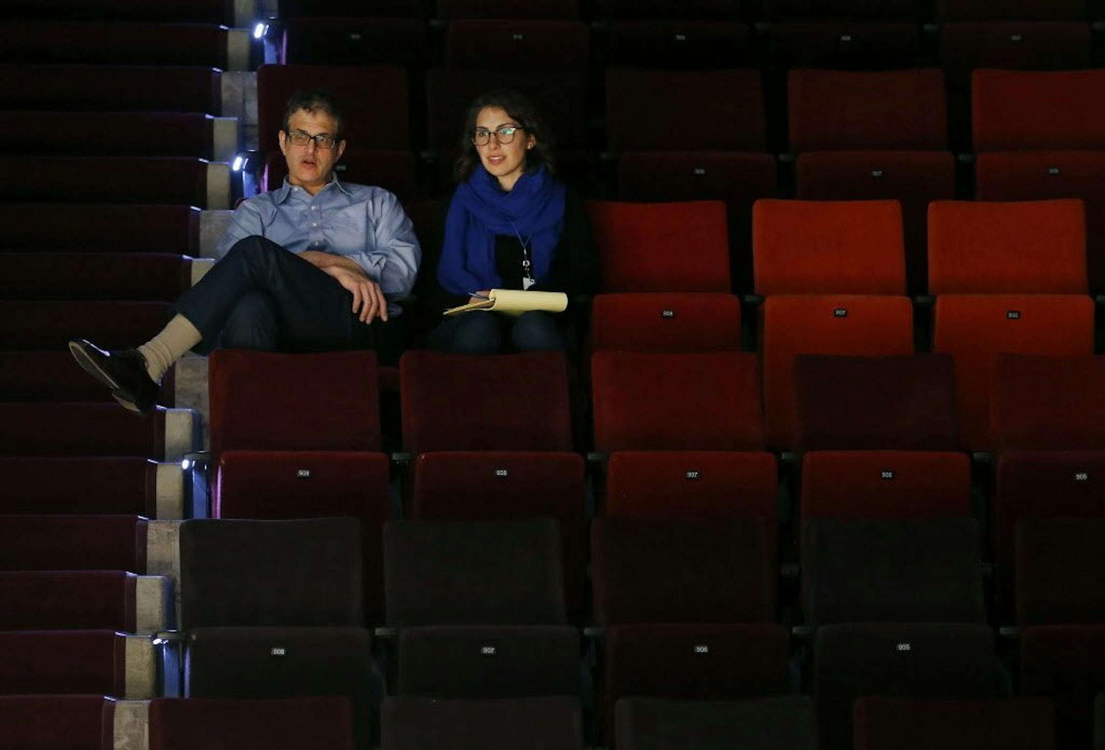 Artistic director Joe Haj and assistant director Addie Gorlin watched a tech rehearsal for Pericles at the Guthrie Theater.