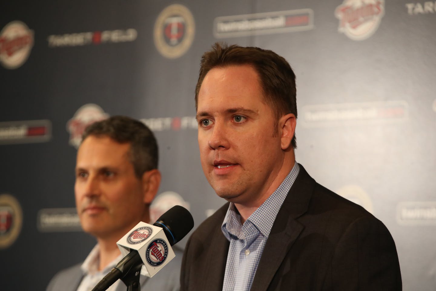 Chief Baseball Officer Derek Falvey right, and Senior Vice President, General Manager Thad Levine talked about former Twins manger Paul Molitor who was fired of after a losing season at Target Field Tuesday October 2, 2018 in Minneapolis, MN. ] JERRY HOLT � jerry.holt@startribune.com