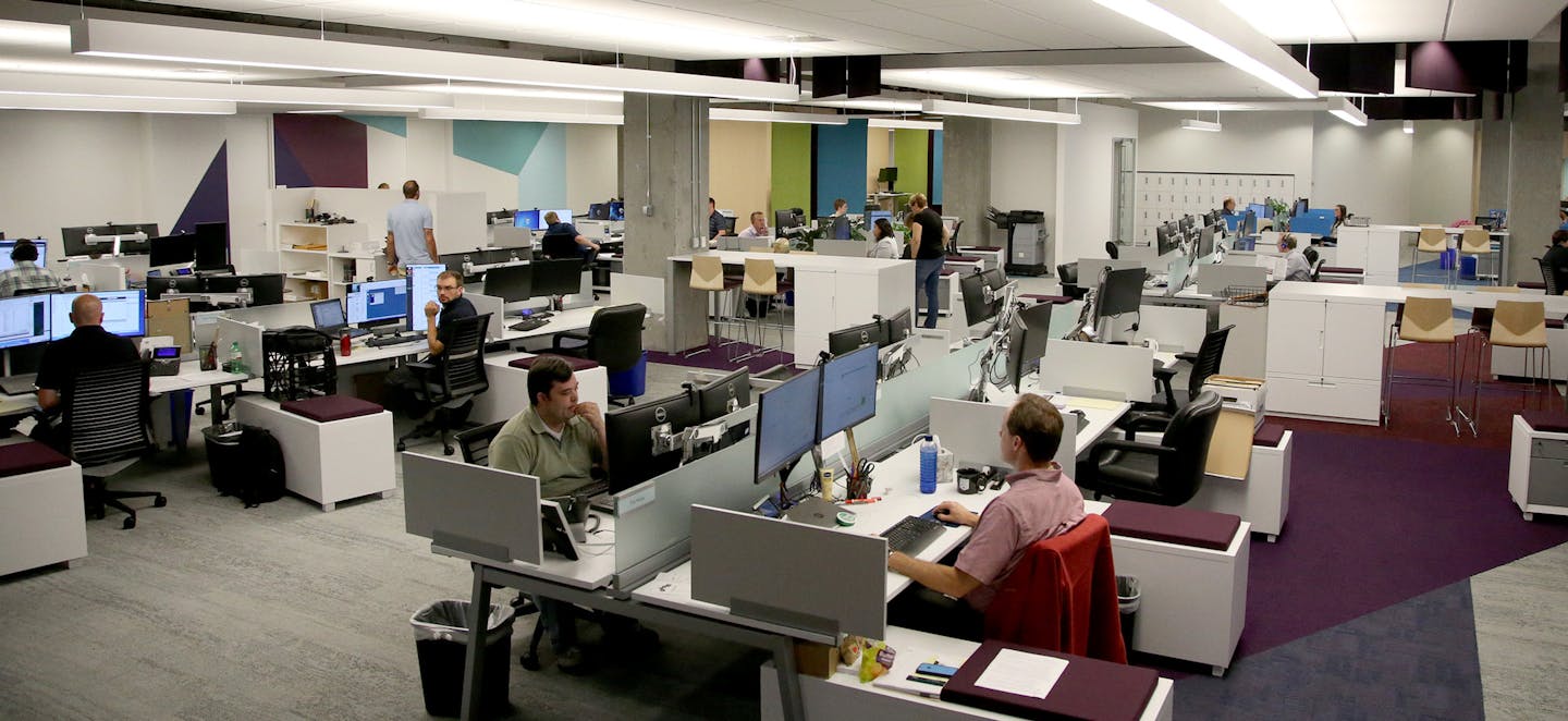 The newly redesigned fourth floor of the Fish & Richardson law firm in Minneapolis includes an open floor plan around a &#x201c;hub&#x201d; space.