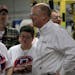 Jay Lund, CEO of Andersen Windows and Doors talked with the workers at the production line before producing its last Narrowline window. Bayport, MN on