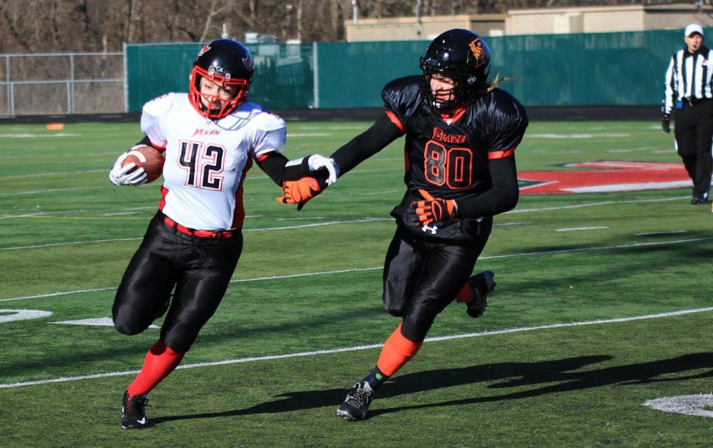 A Dakota County jury found the Independent Women&#x2019;s Football League discriminated against Christina Ginther, a transgender woman who lives in Minneapolis. Here, Christina Ginther, #80 with the Madison Blaze against the Vixen in the 2018 Photos provided by Christina Ginther