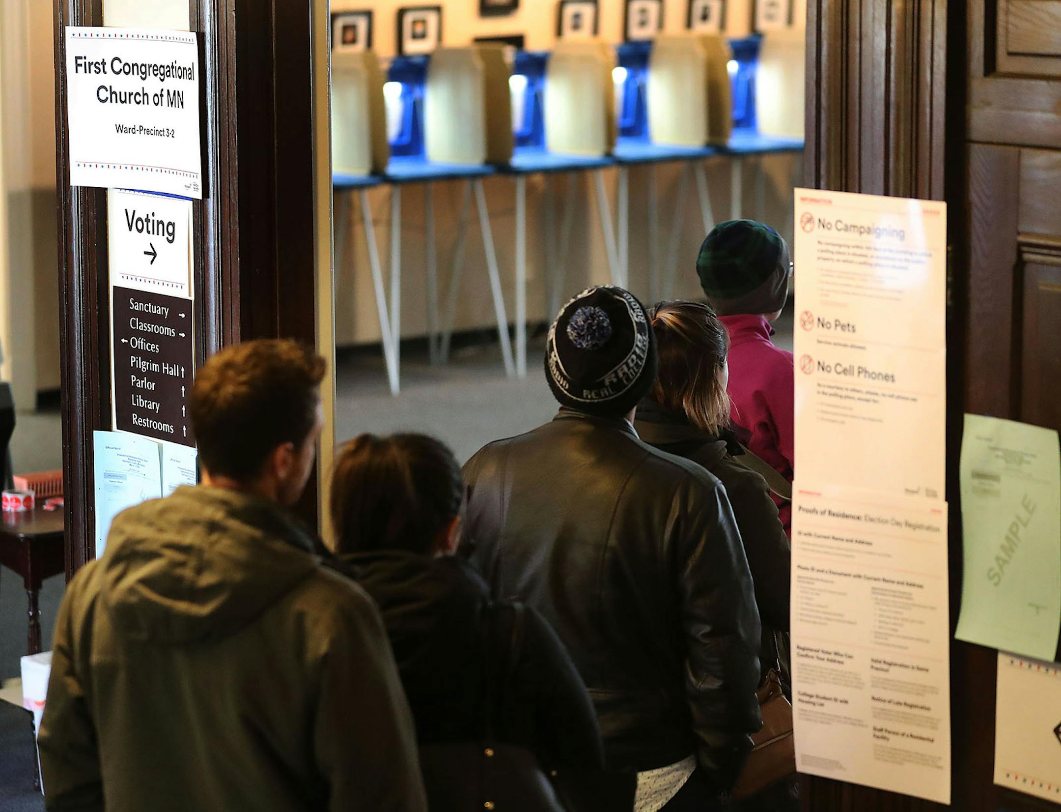 Voters line up to cast their ballot at First Congregational Church in the Marcy-Holmes neighborhood of Minneapolis during Minnesota's Super Tuesday presidential primary.