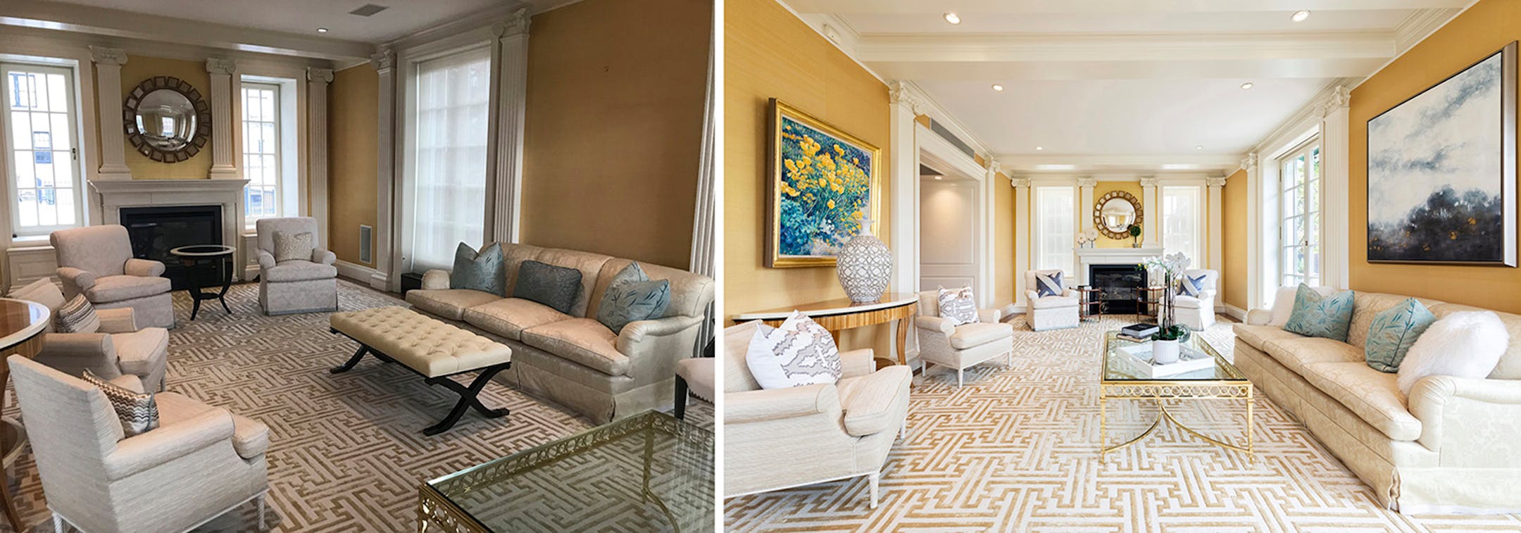 Before and after: A disjointed furniture arrangement is made cohesive and unified through proper furniture placement and the addition of artwork and accessories.