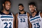 (Left to right) Andrew Wiggins, Karl-Anthony Towns and Jimmy Butler