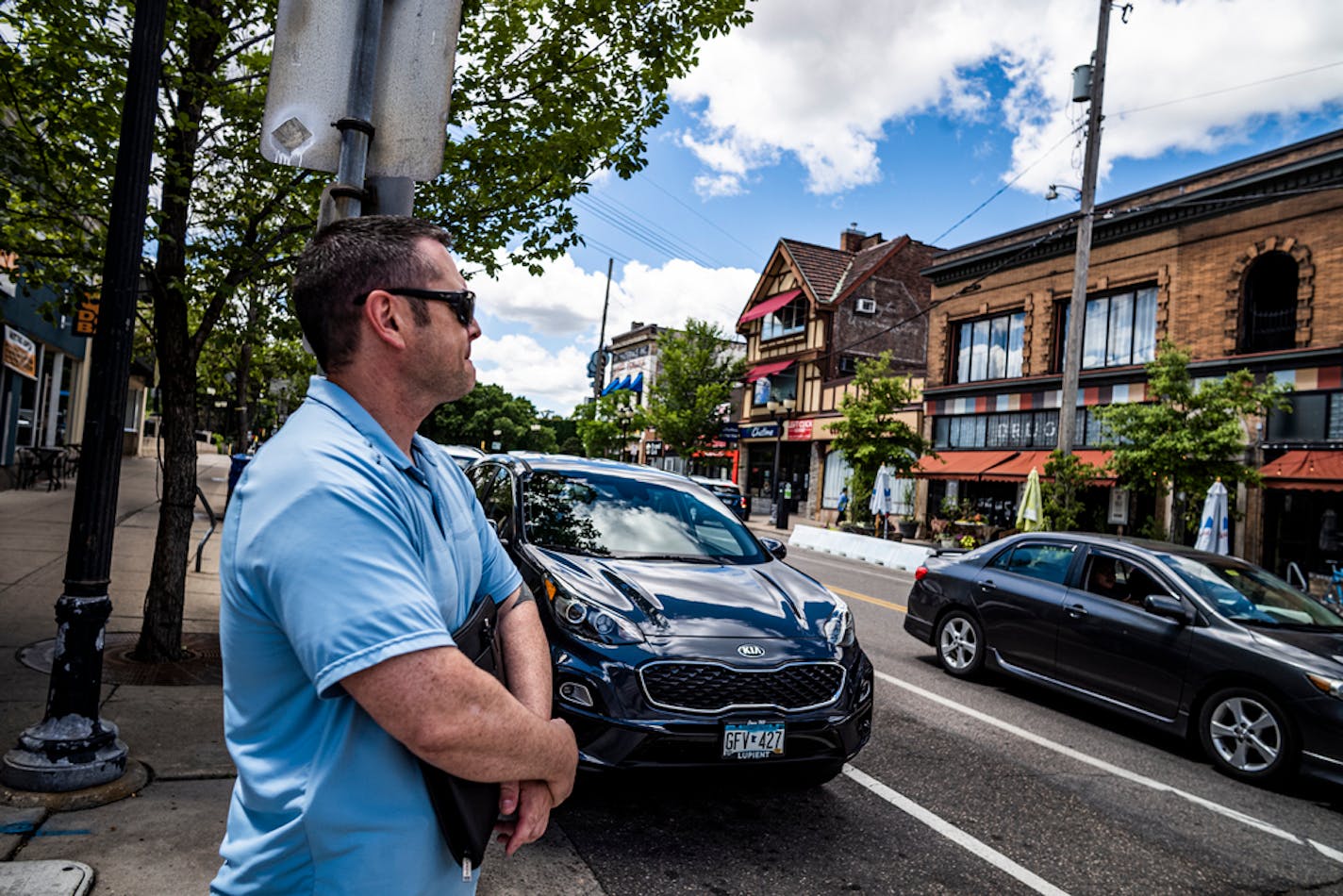 Minneapolis police Sgt. Paul Albers checked the area near where Friday's shootings occurred in the Dinkytown area of Minneapolis. He was looking to see if the local businesses had security cameras that might caught video of the suspects. ] University of Minnesota President Joan Gabel announced Monday that more officers from Minneapolis PD and the campus PD will be deployed to Dinkytown and other neighborhoods around campus in response to a rise in violent crime. Five people, three of whom were U students, were shot Friday night. RICHARD TSONG-TAATARII ¥ Richard.Tsong-Taatarii@startribune.com